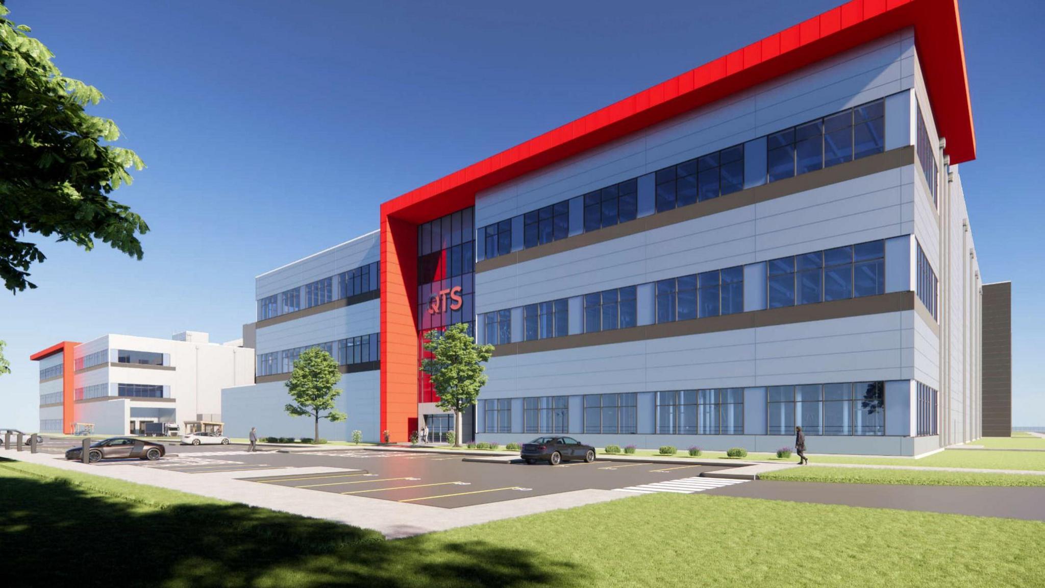 An artist illustration of a large grey metal clad building with rectangular windows. A red section frames the front. A sign on the glass front reads 'QTS'. Landscaping is in front of it, along with a car park. 