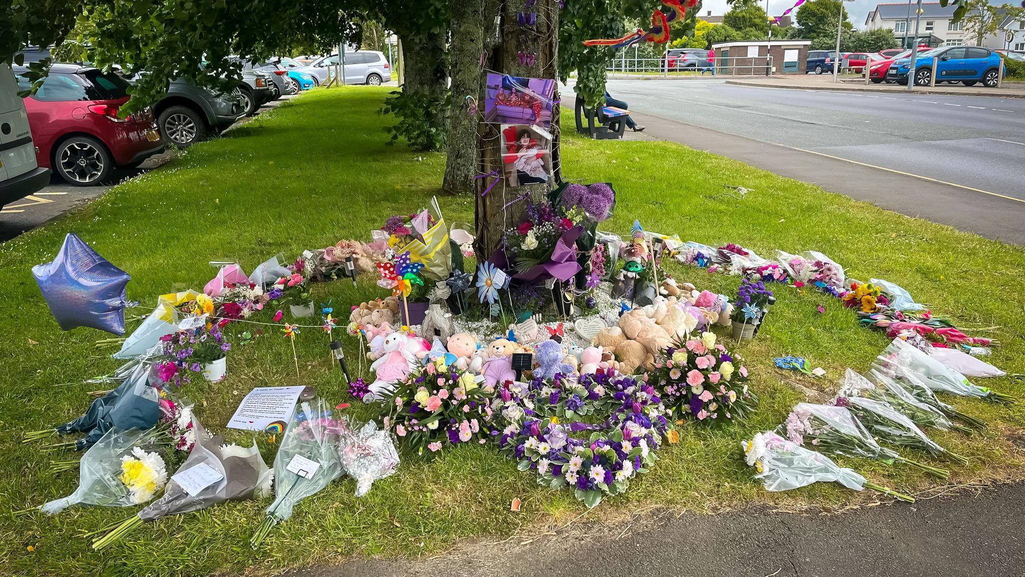 Flowers surround a tree next to a pavement and a road outside Withybush hospital