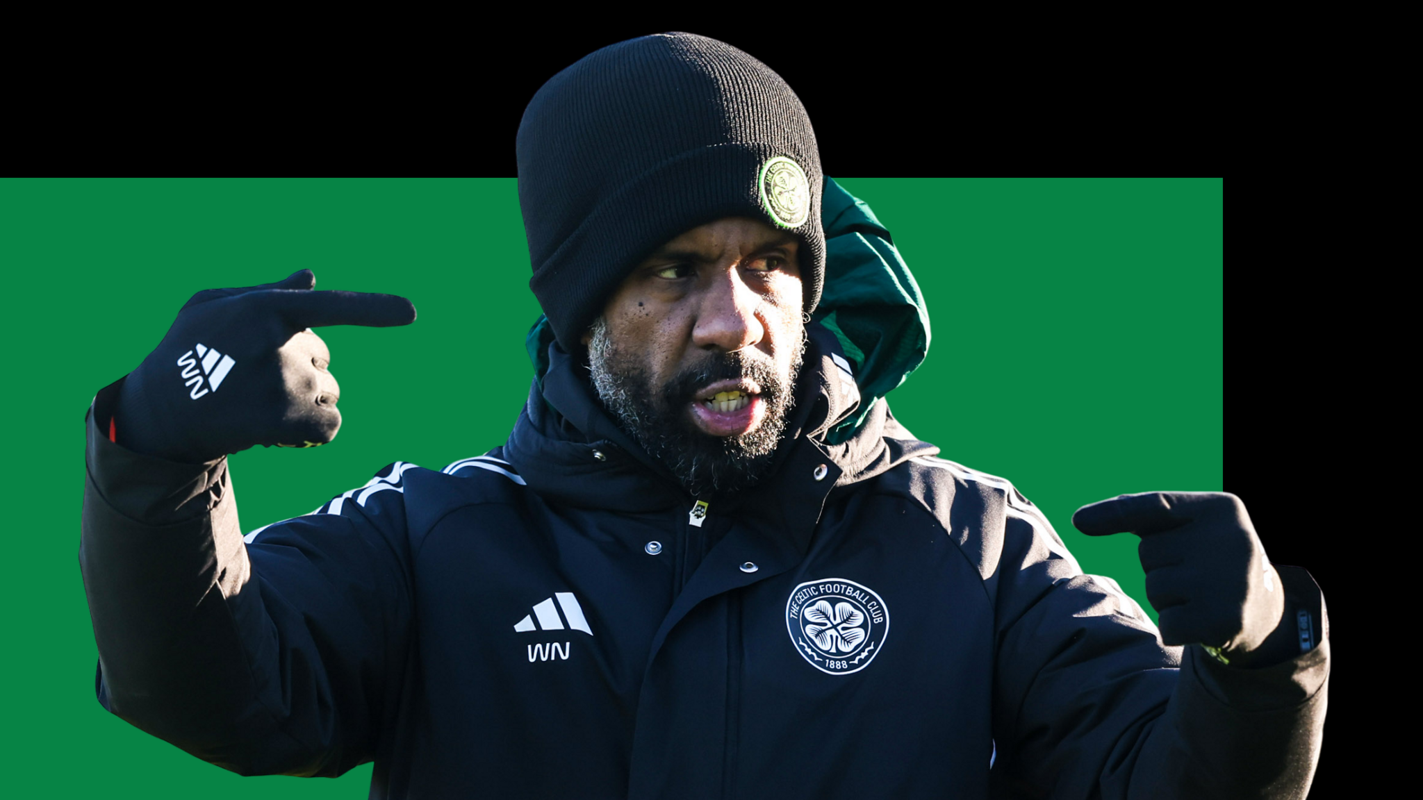 Wilfried Nancy graphic showing Celtic manager in club winter jacket with club badge, against a green and black background. Nancy is also wearing gloves and a black hat.