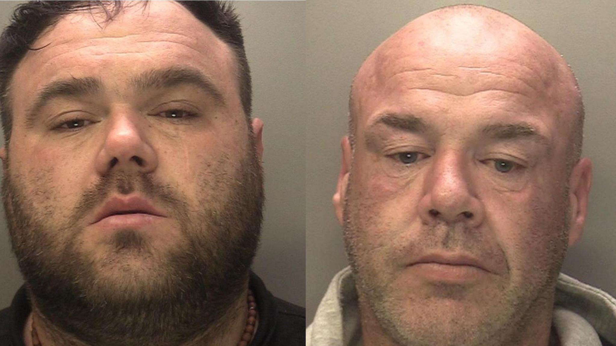 Mugshot of two men. Man on left has brown hair and beard with a scar vertically down his left eye. The man on the right is bald with black and grey stubble
