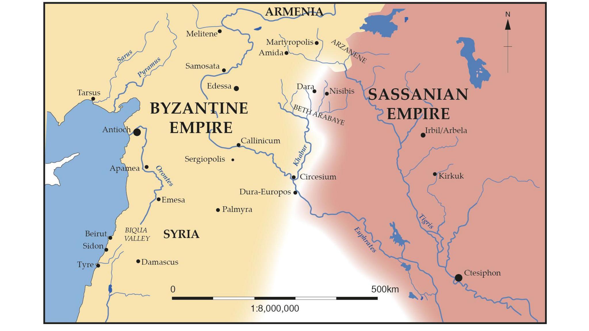 A map of the former empires of the Byzantine Empire and Sassanian Empire from the 6th Century. 