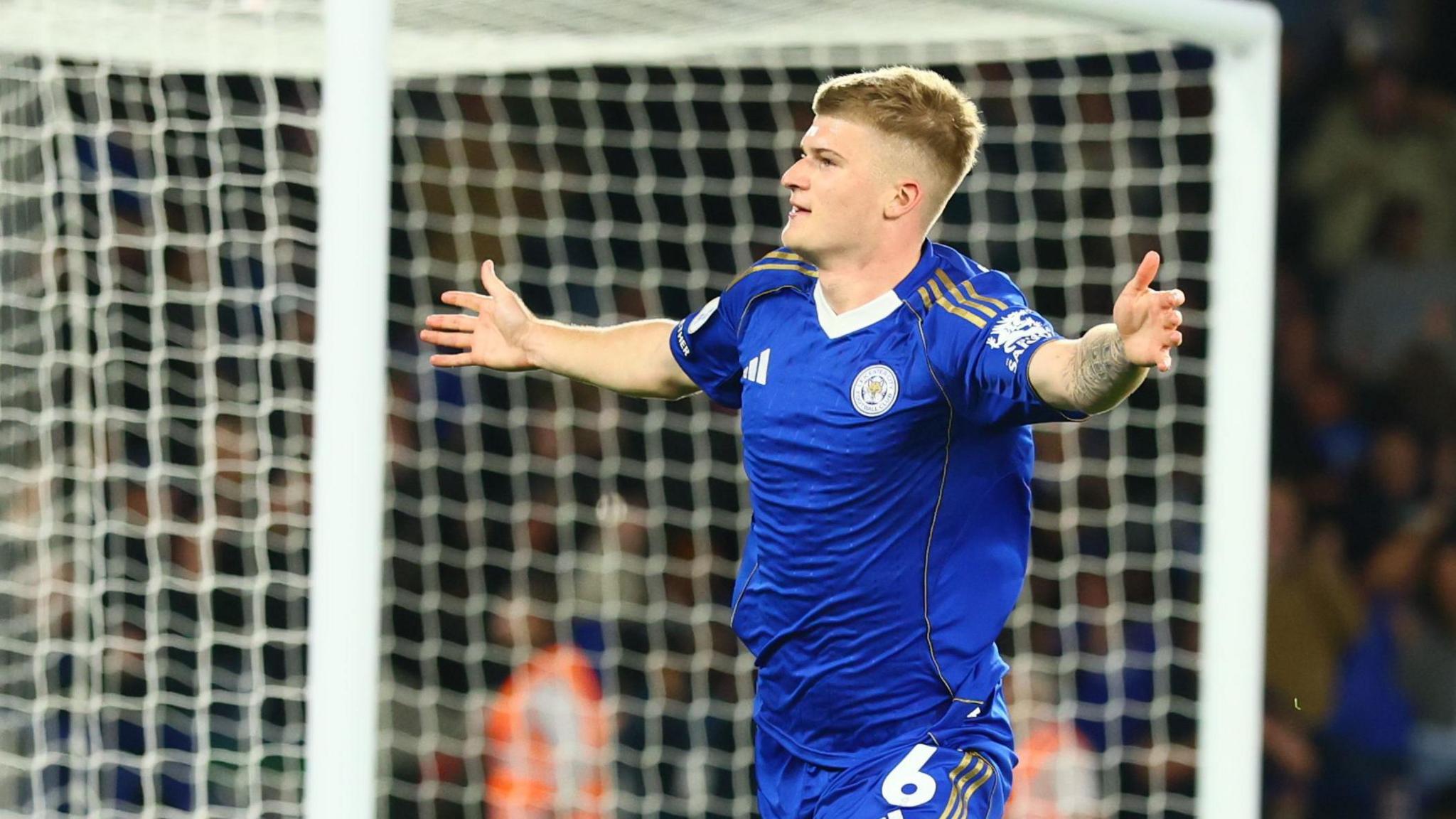 Jordan James celebrates scoring for Leicester against Wrexham