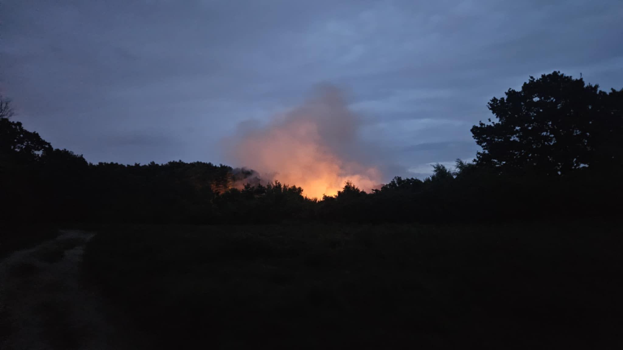 Smoke and flames coming from a fire in the open near a country park. While the picture has been taken at night and it is dark, silhouettes of trees and bushes can be seen.