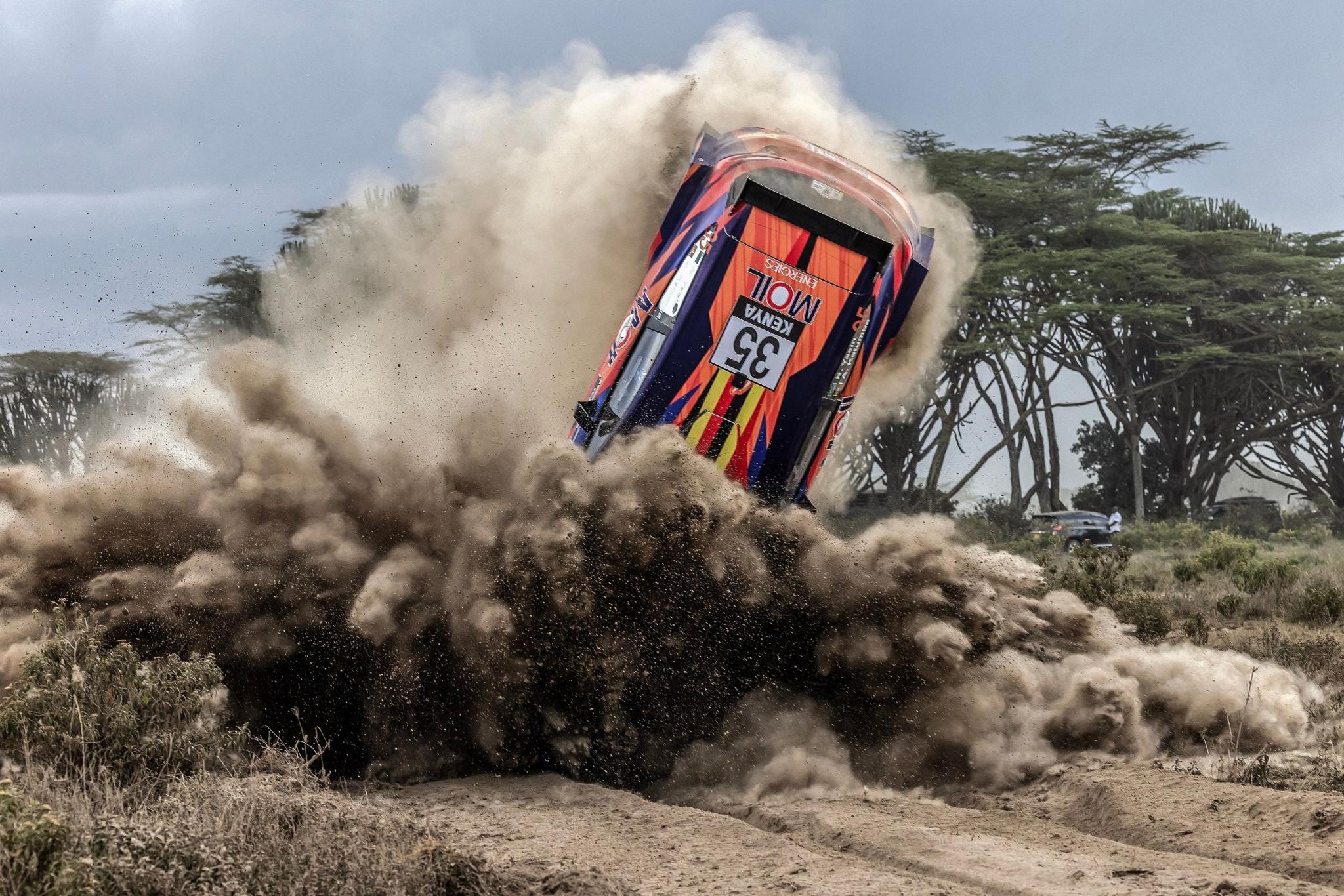 Yasin Nasser and co-driver Ali Katumba lose control of their car during the World Rally Championship Safari Rally Kenya in Naivasha