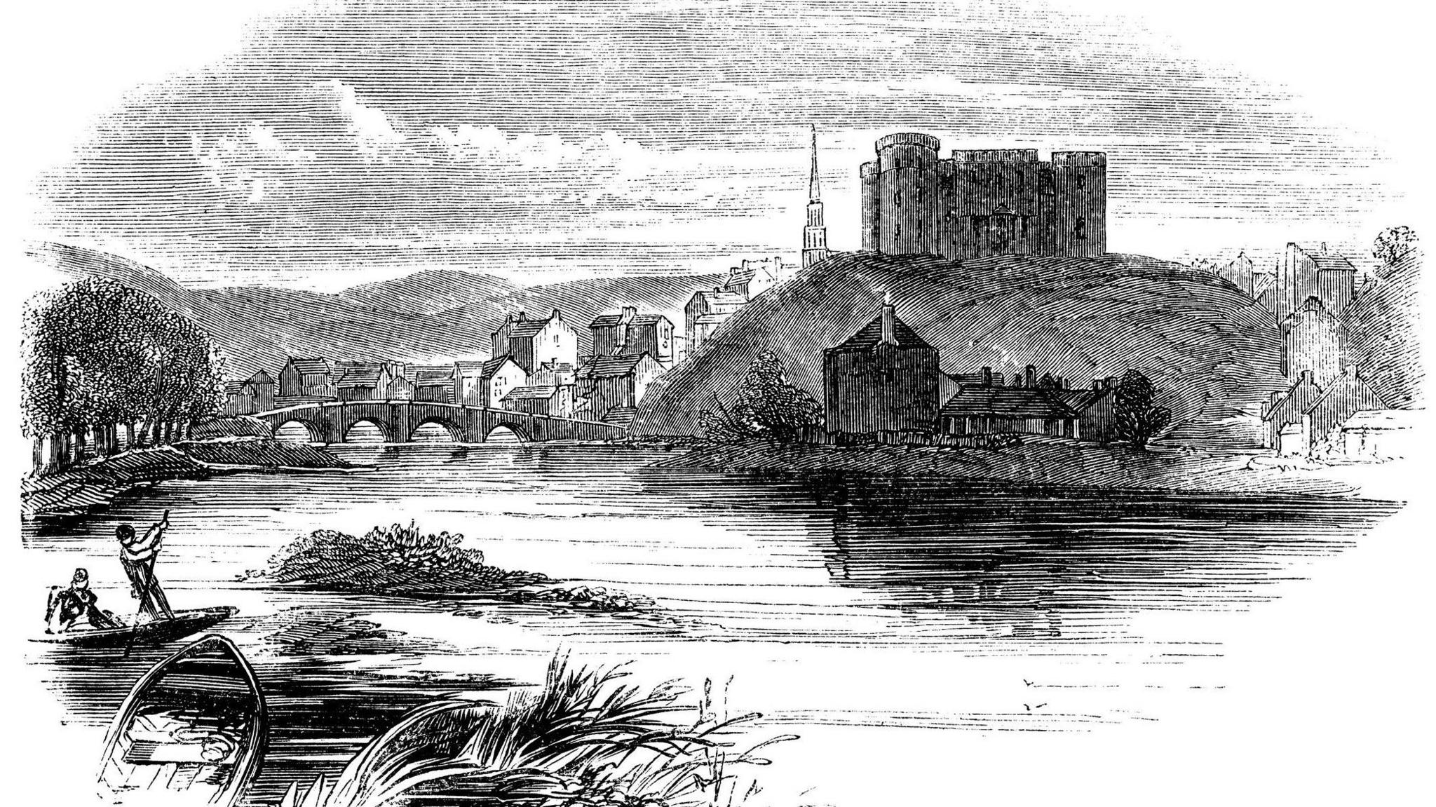 A black and white sketch of Inverness Castle and Inverness' Riverside. The illustration shows the castle on its hill and houses and bridge with four arches below. In the foreground is an empty rowing boat among reeds. There is a second rowing boat with two men in it. One of the men is standing and using a pole to manoeuvre the boat on the river.