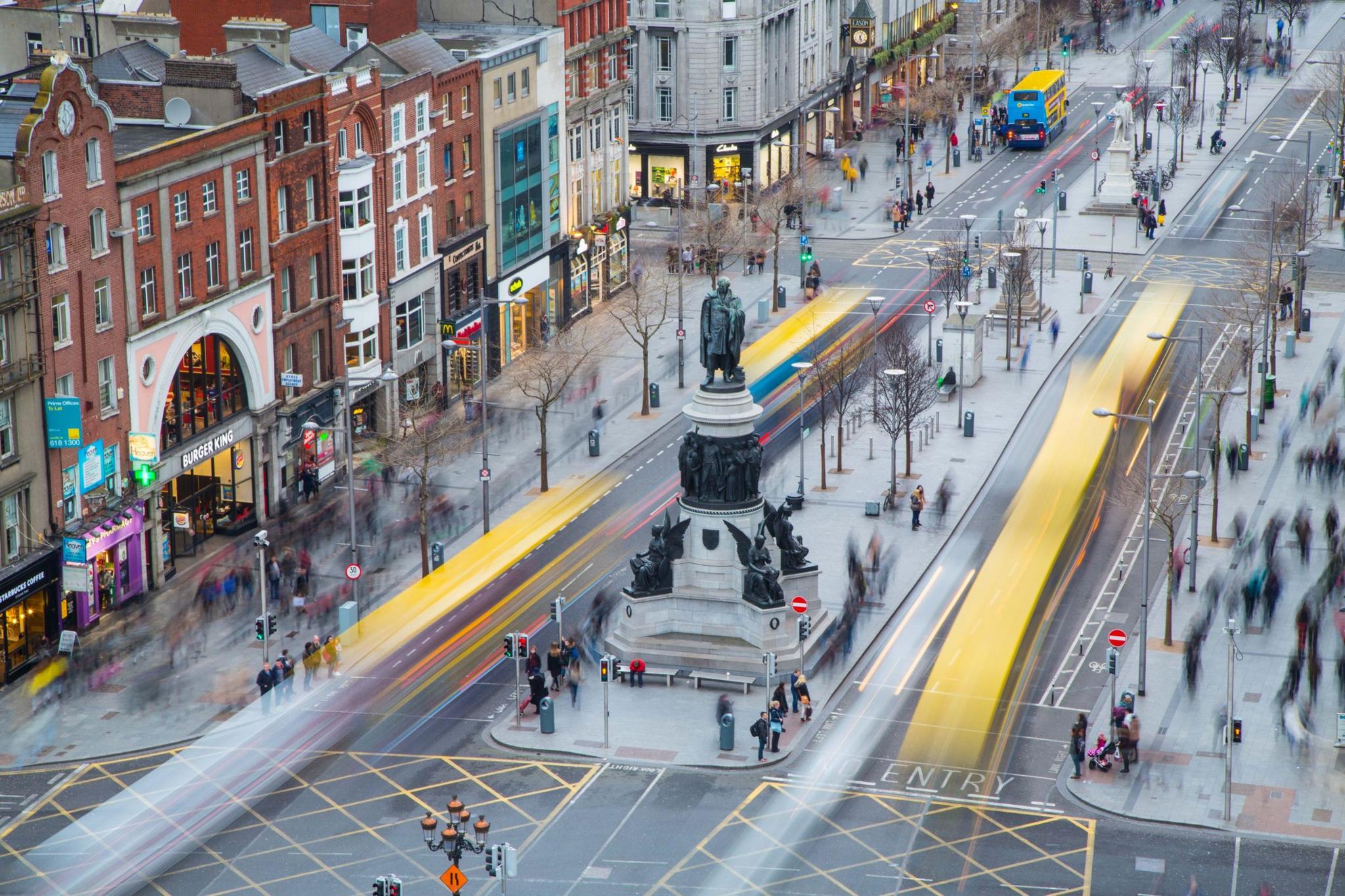 A view of O'Connell Street in  a high angle with blurry busses caught on a long exposureDublin from