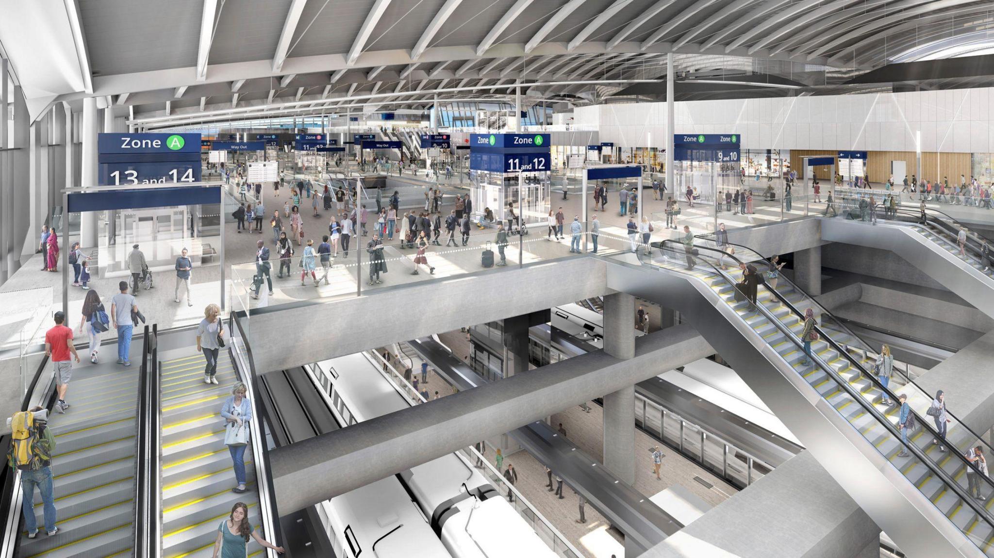 A visualisation of what the interior of the new Old Oak Common station will look like. It looks much like the interior of an airport, with curved roof sections above an elevated concourse and escalators leading down to the platforms. Many passengers can be seen going about their day.