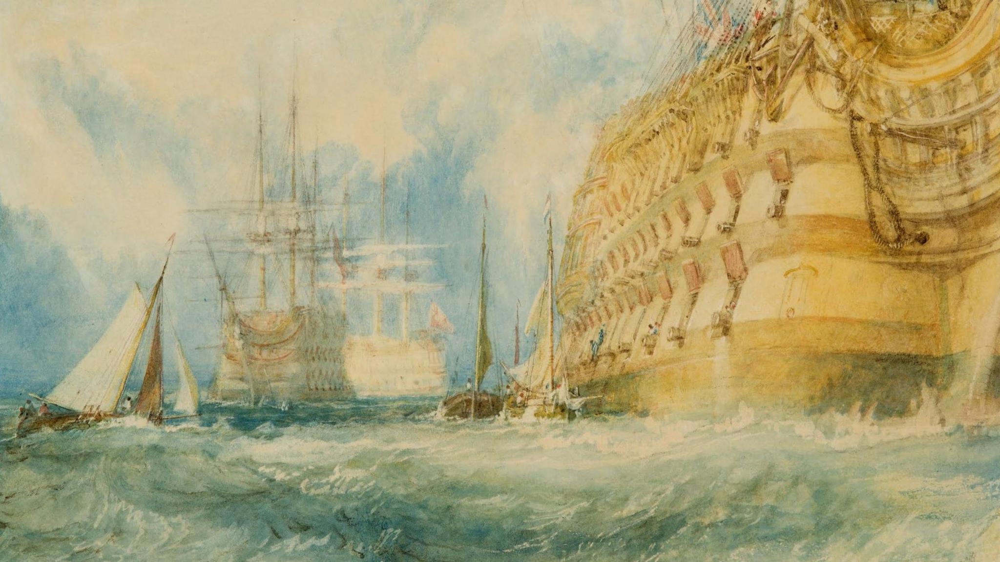 A First Rate Taking in Stores, by JMW Turner, showing a number of ships on the sea, with a large sky and large ocean. The colours or muted in mainly blues and creams. 