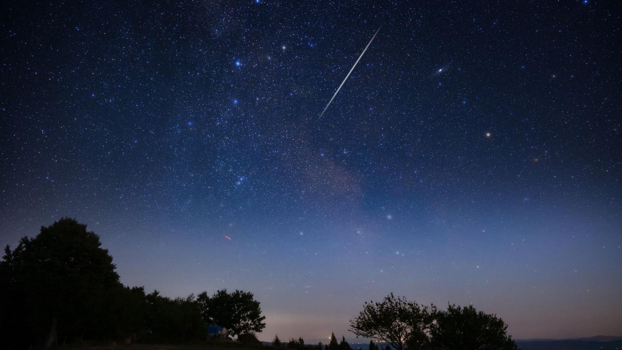 Blue night sky with Milky Way stars with Orionids meteor shower trails and countryside tree silhouettes
