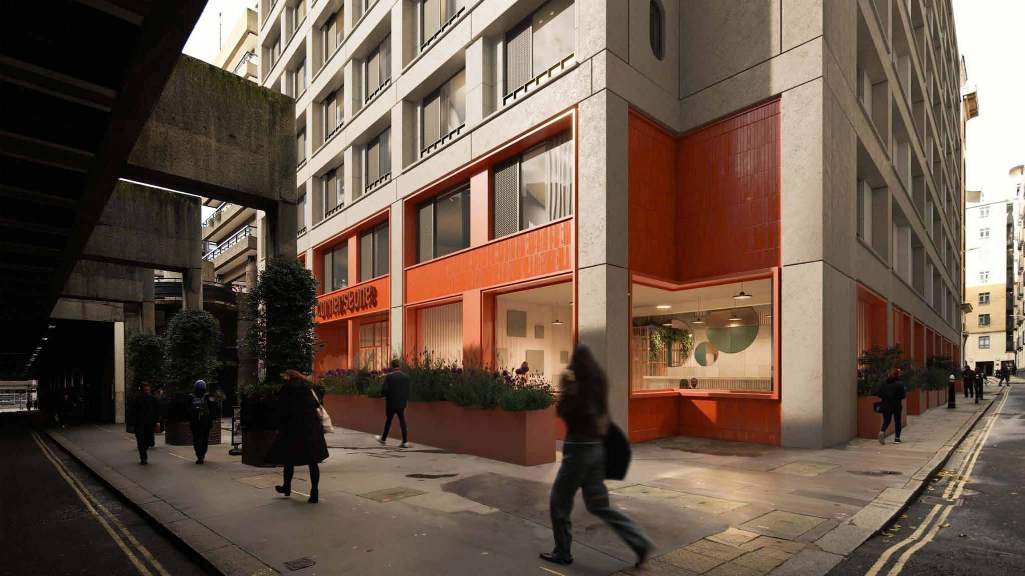 A computer-generated image of a commercial space with orange frontage, on the ground floor of the proposed development, with people on the street walking past