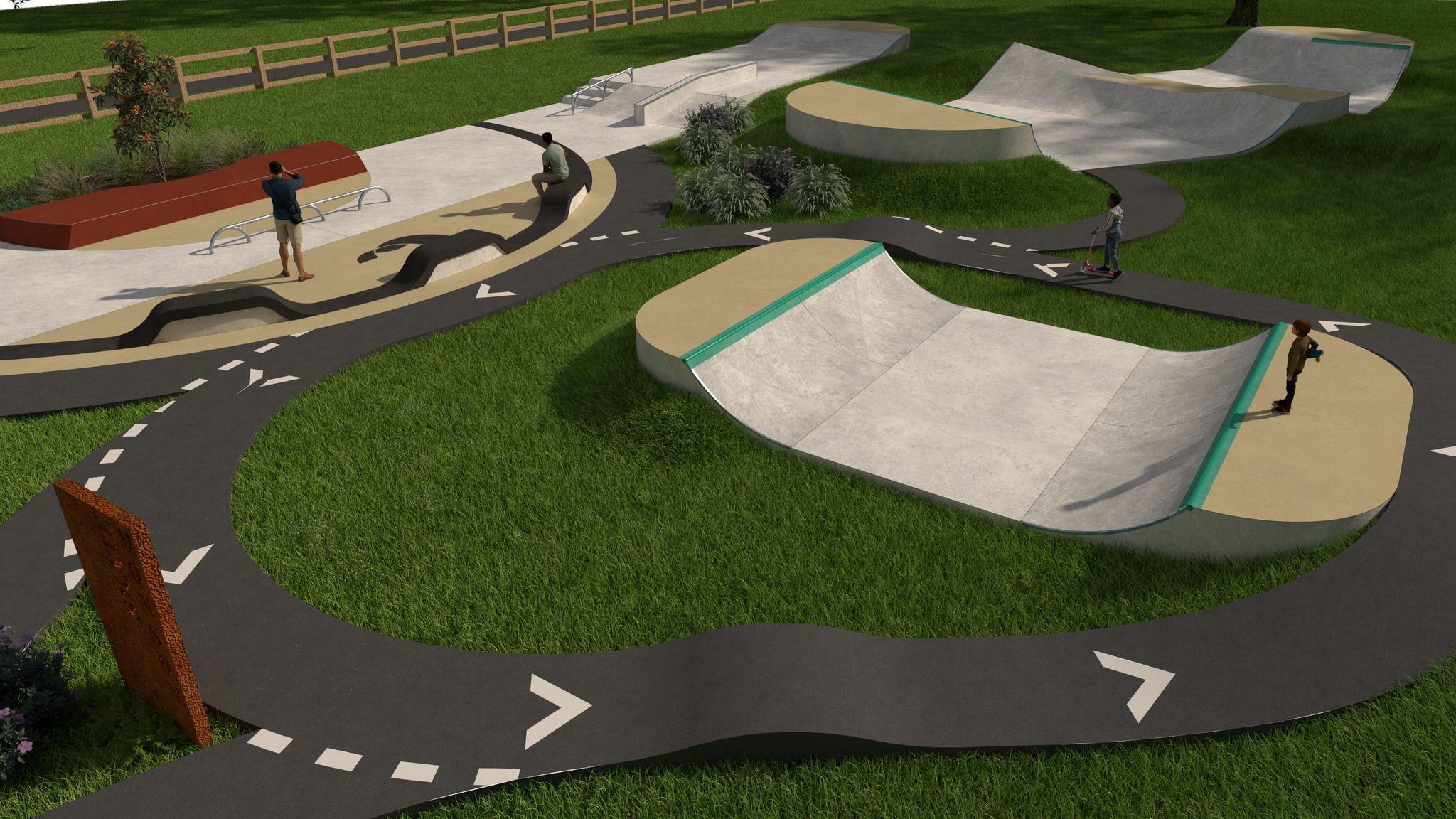 Visual depiction of what the skatepark will look like. A close-up view of the path that is going around some of the park which is on grass and a few people, trees and a fence can be seen.