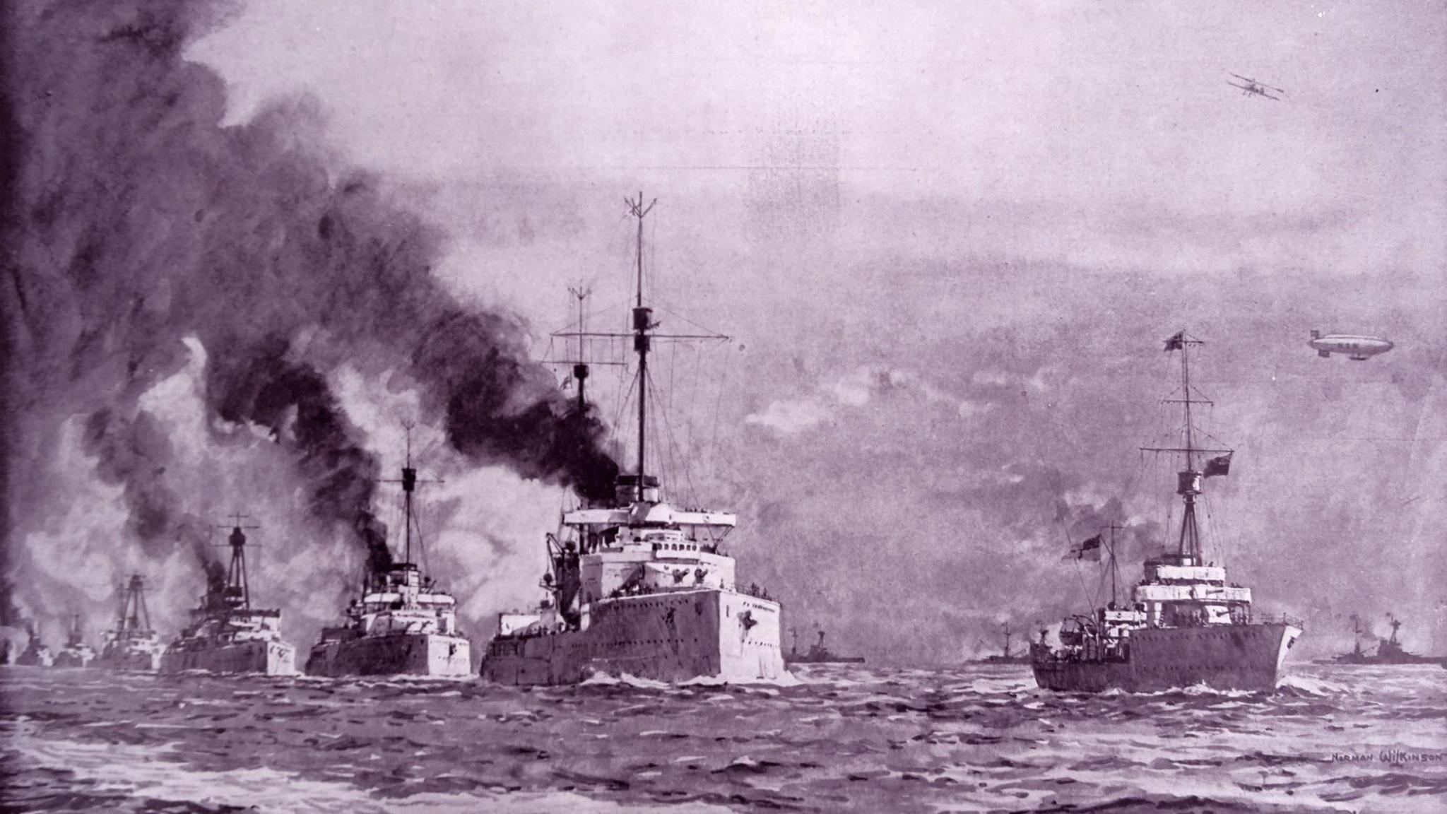 Artwork showing a range of steaming ships of the German High Seas Fleet along with a passing airship and biplane.