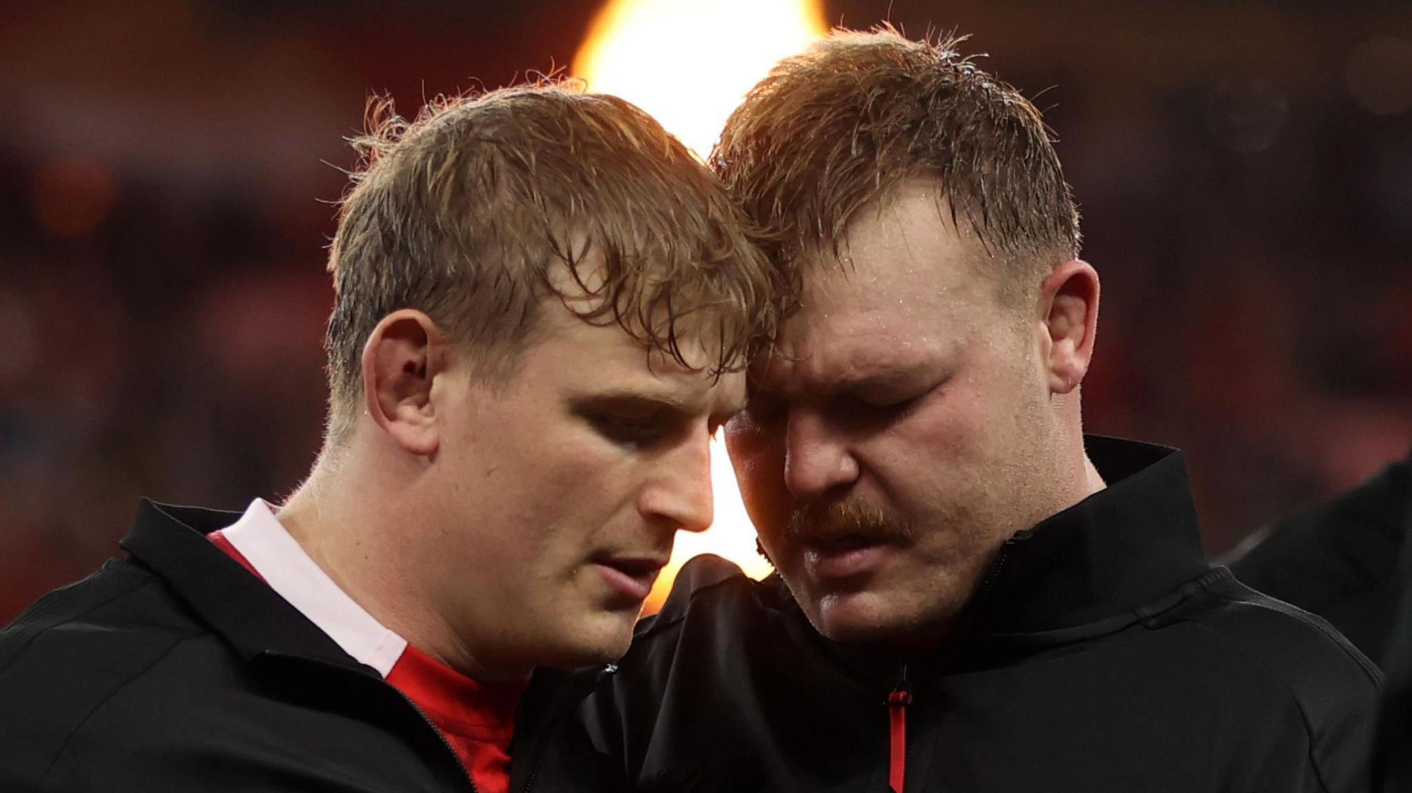 Jac Morgan and Dewi Lake, who were Wales' co-captains at the 2023 World Cup, have their heads together