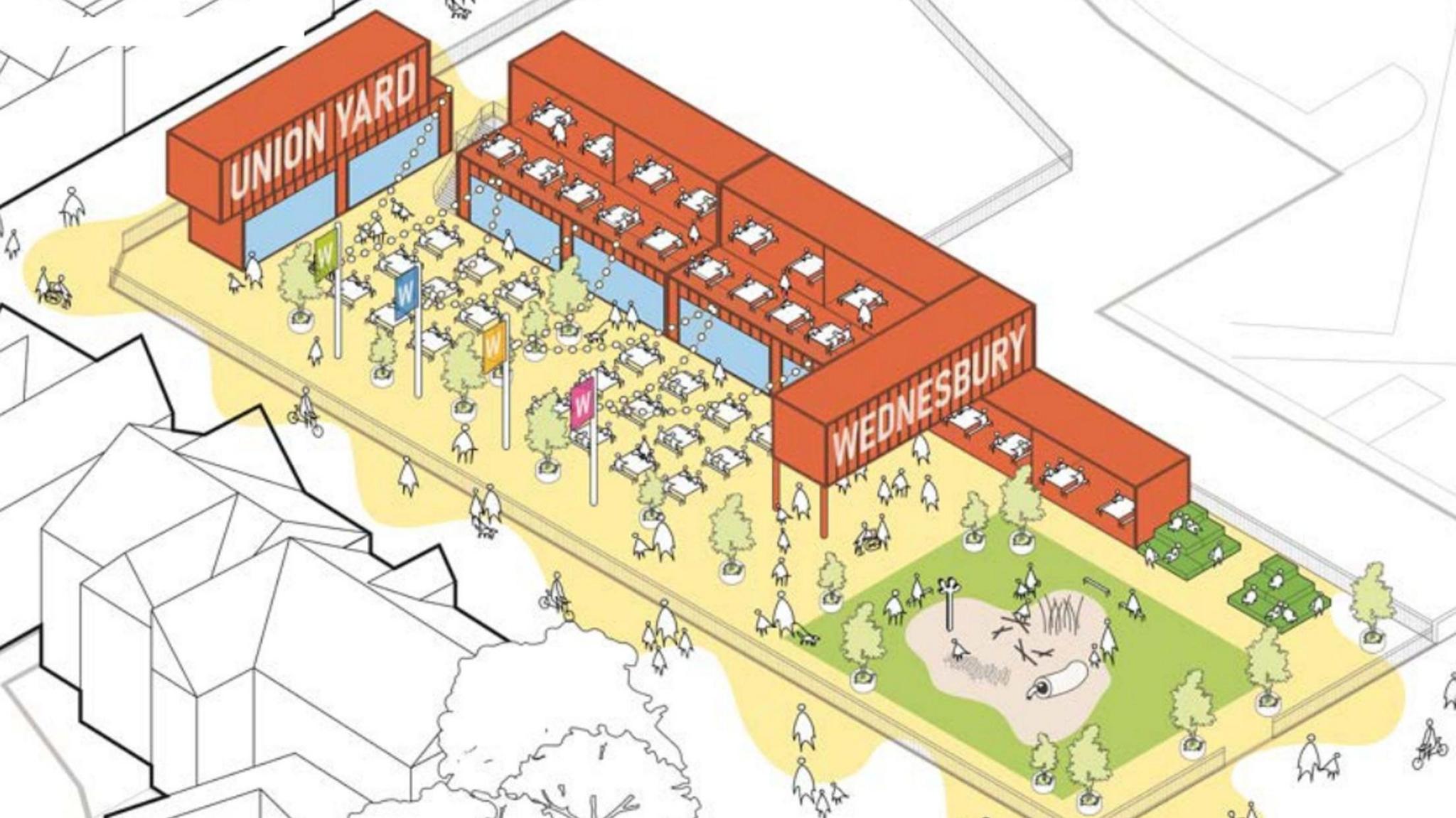 Artist's impression of a new venue with shipping containers for Wednesbury