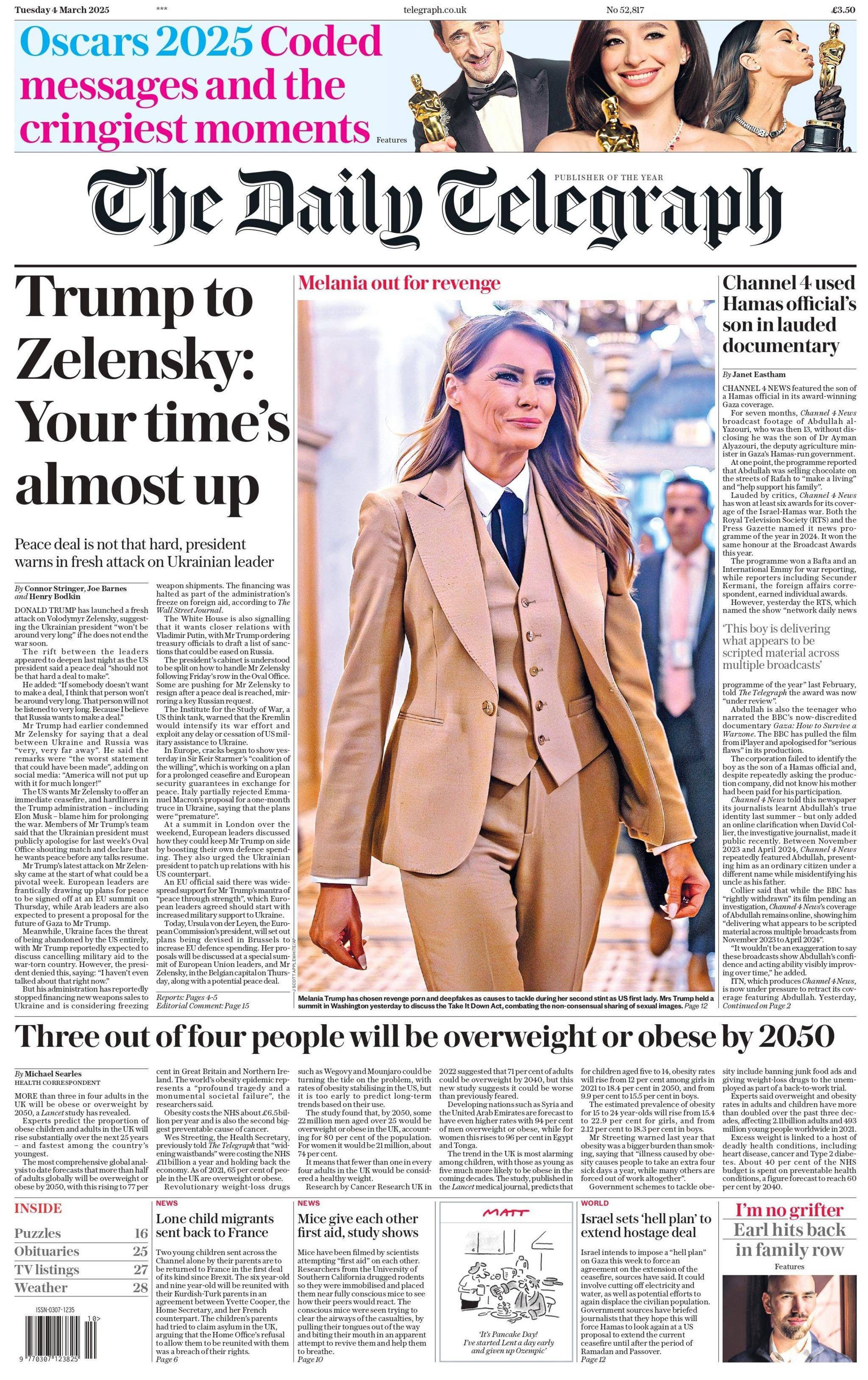 The headline on the front page of the Telegraph reads: "Trump to Zelensky: Your time's almost up."