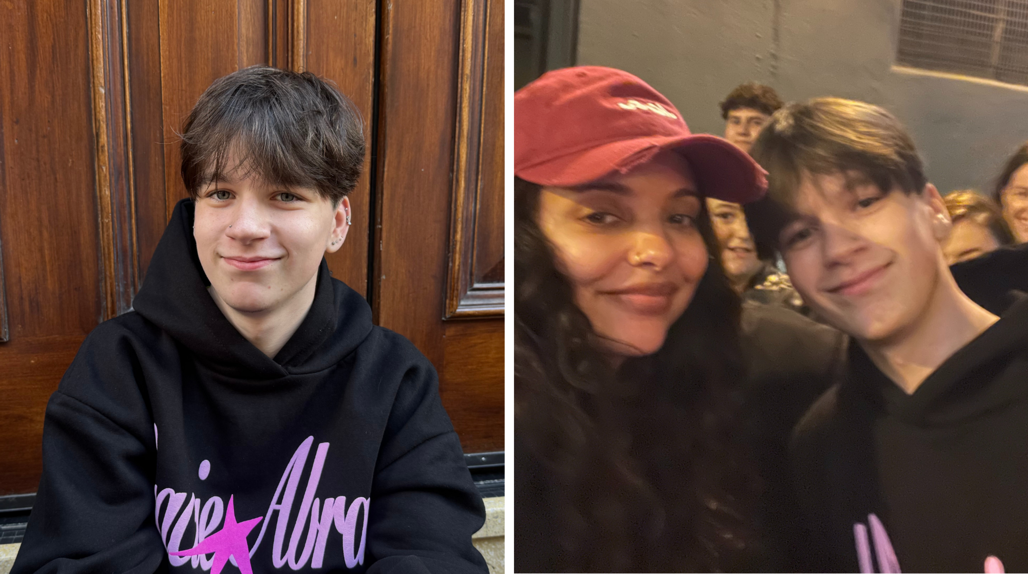 On the left, a young man sits in front of a large wooden door. He is smiling, wearing a black "Gracie Abrams" hoodie and he has brown hair with a fringe covering his forehead. On the right, the same man is pictured with a woman with long black curly hair and is wearing a red cap.
