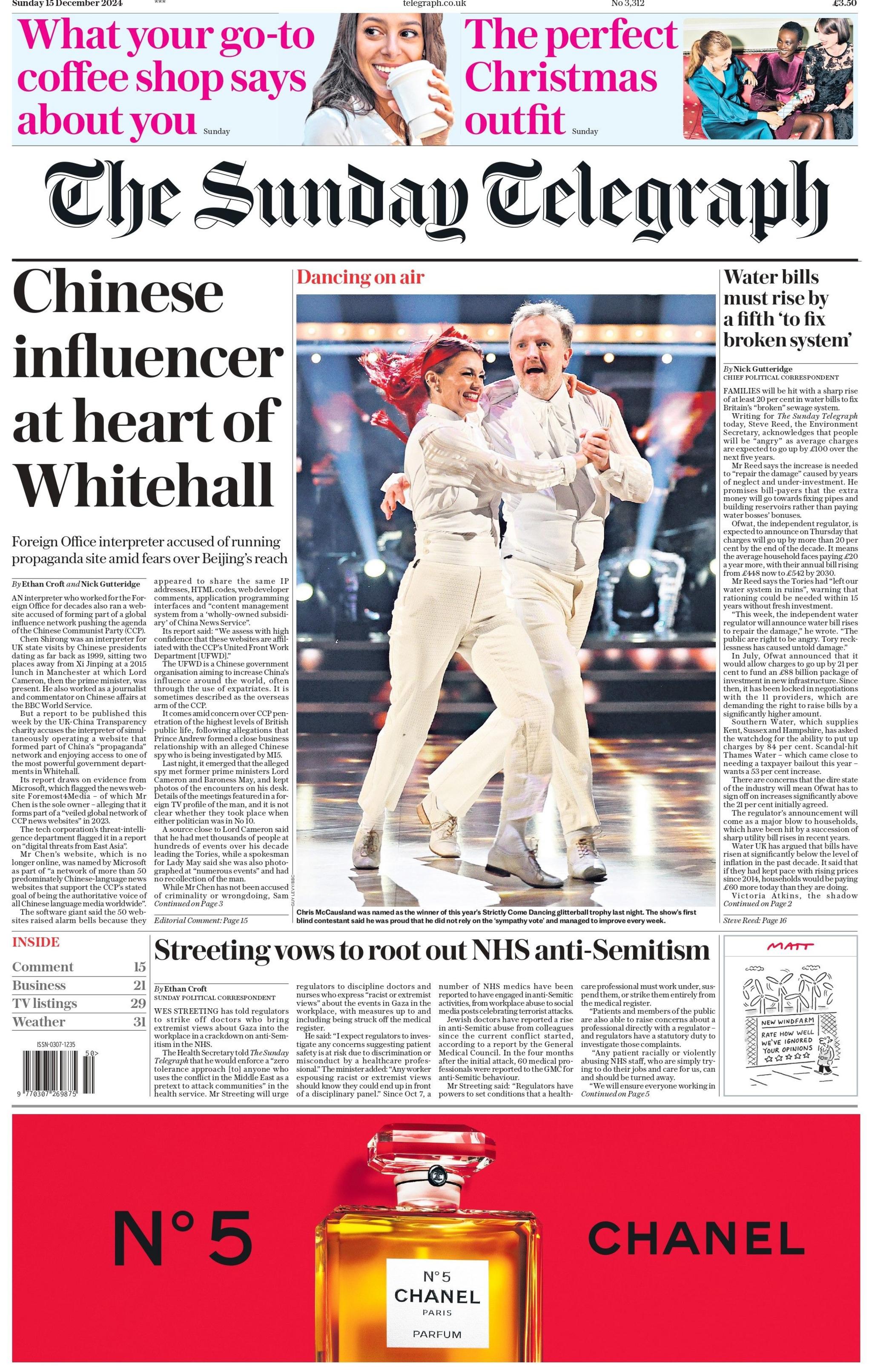 The front page of the Sunday Telegraph. The headline reads "Chinese Influencer at the heart of Whitehall". 