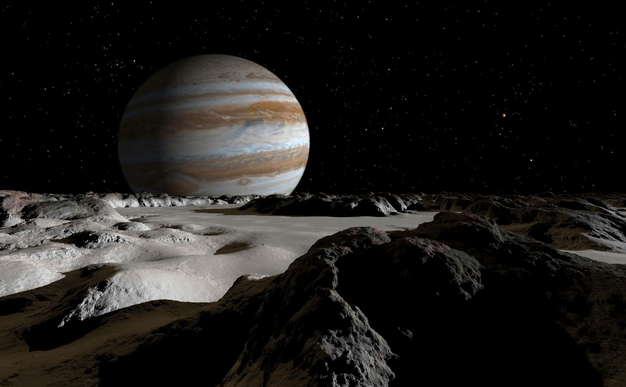 Stock illustration of Jupiter's large moon, Europa, covered by a thick crust of ice above a vast ocean of liquid water 