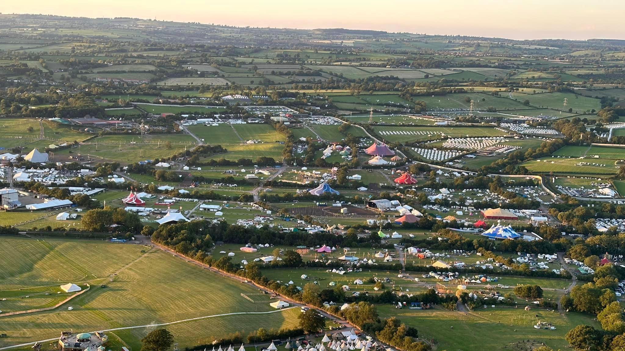 Aerial view of Worthy Farm in Somerset