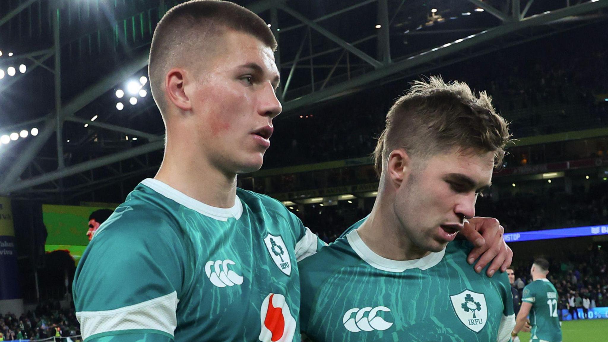 Sam Prendergast (left) with Jack Crowley after Ireland's narrow win over Argentina two weeks ago