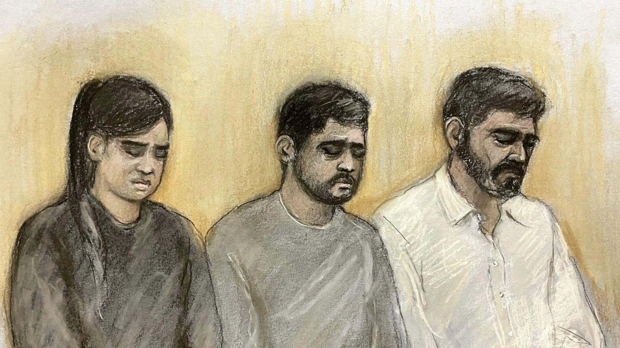 A court sketch of two men and one woman. They are wearing plain clothes.