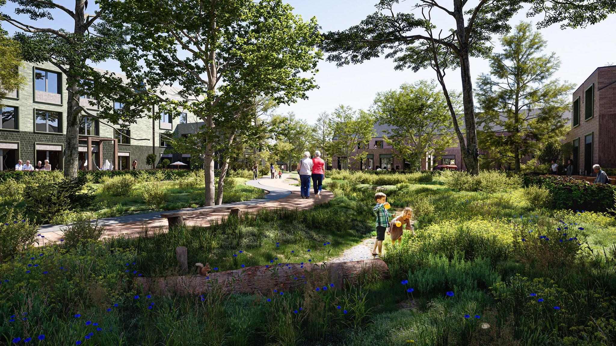 CGI image of the community space, part of Begbroke Innovation District. People are seen walking around, and children playing and enjoying a sunny day.