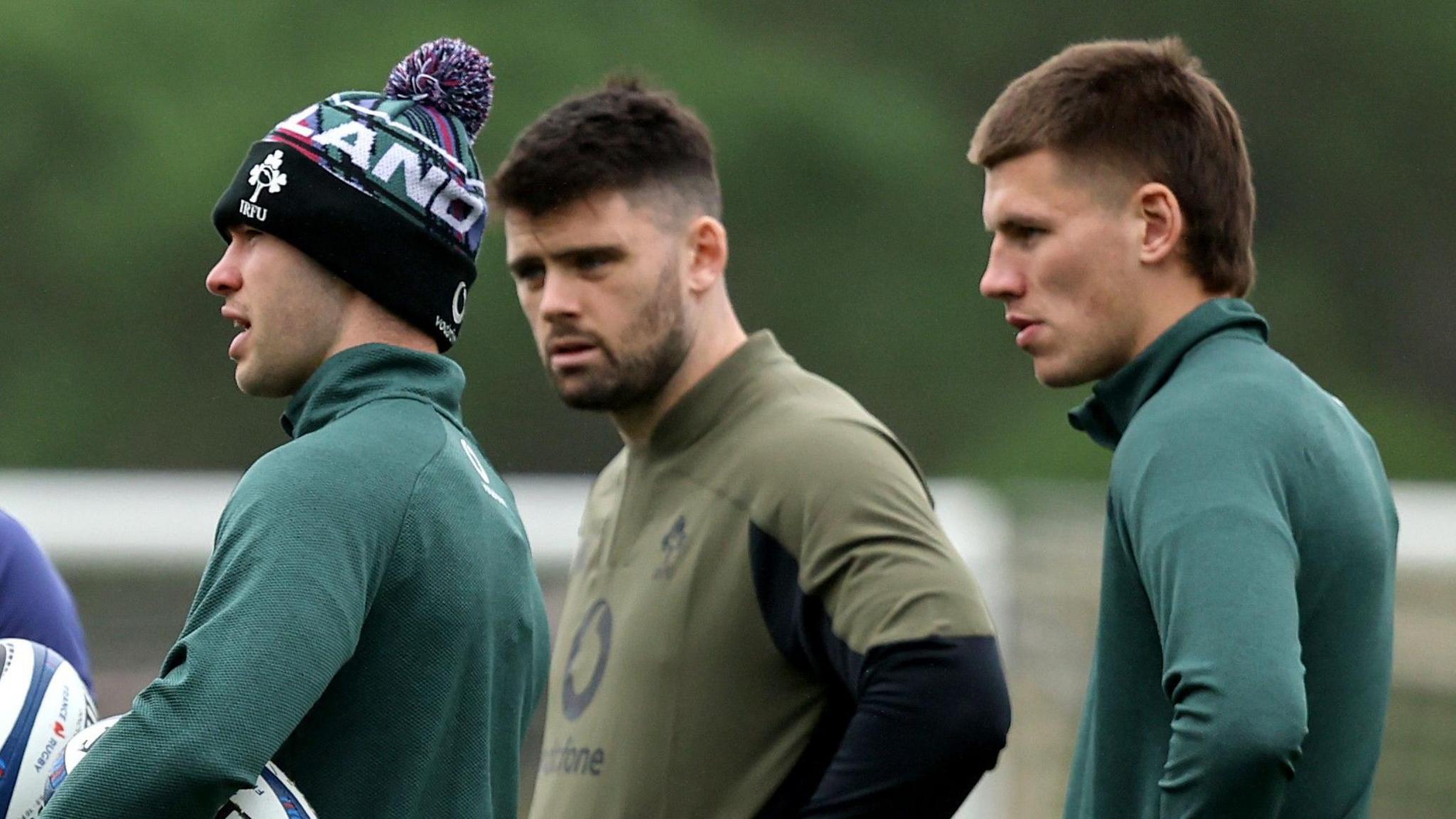 Jack Crowley, Harry Byrne and Sam Prendergast pictured in Ireland training in Portugal