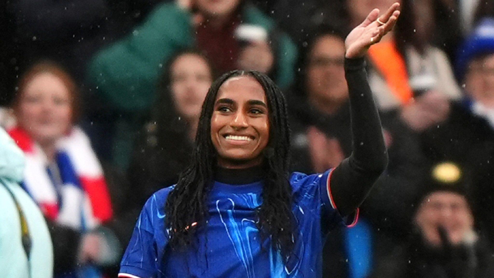 Naomi Girma is presented to Chelsea fans at Stamford Bridge