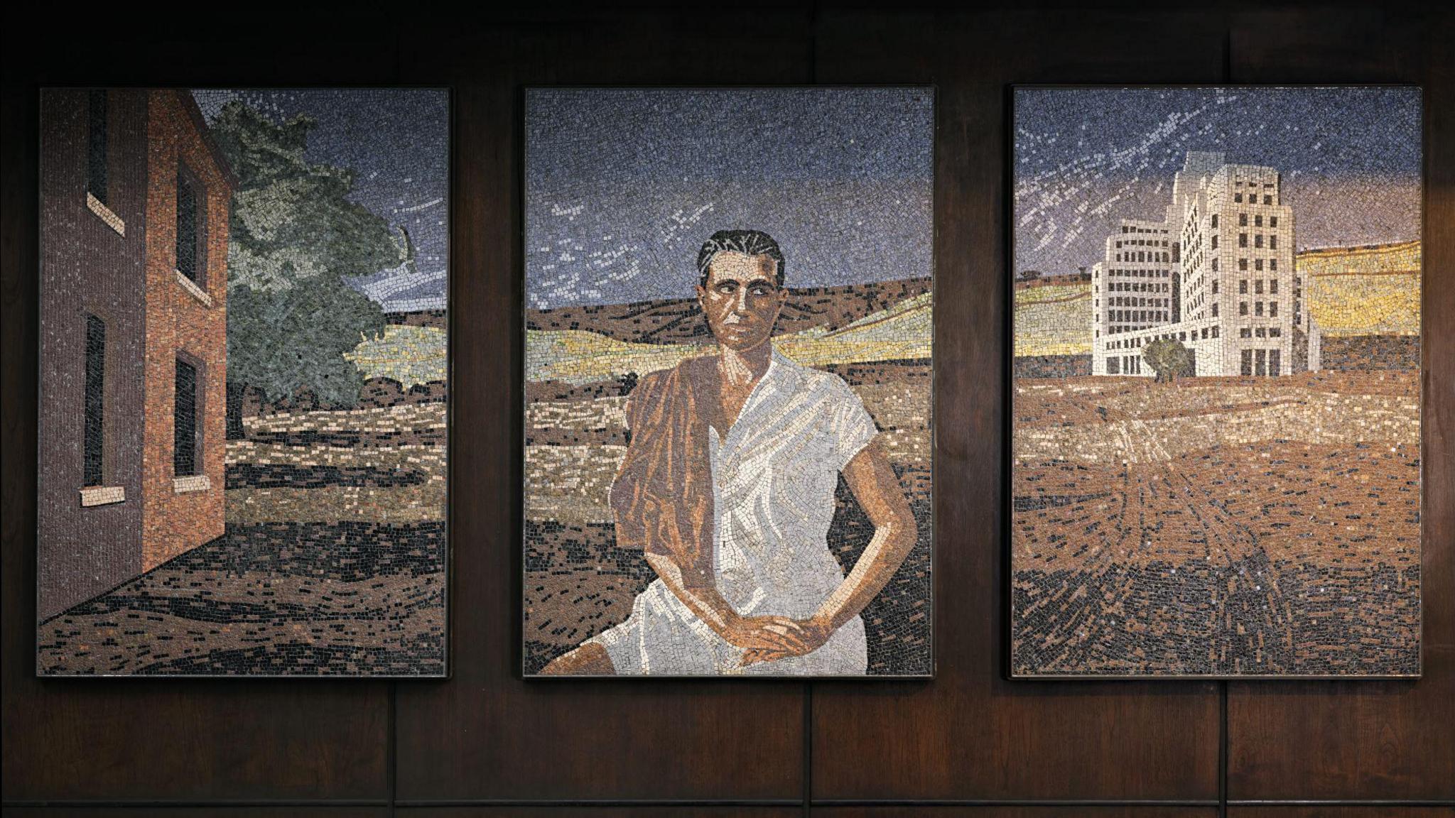 Three panels: the first shows the side of a building and a tree, the second an androgynous figure in tennis whites and the third an art deco skyscraper. 