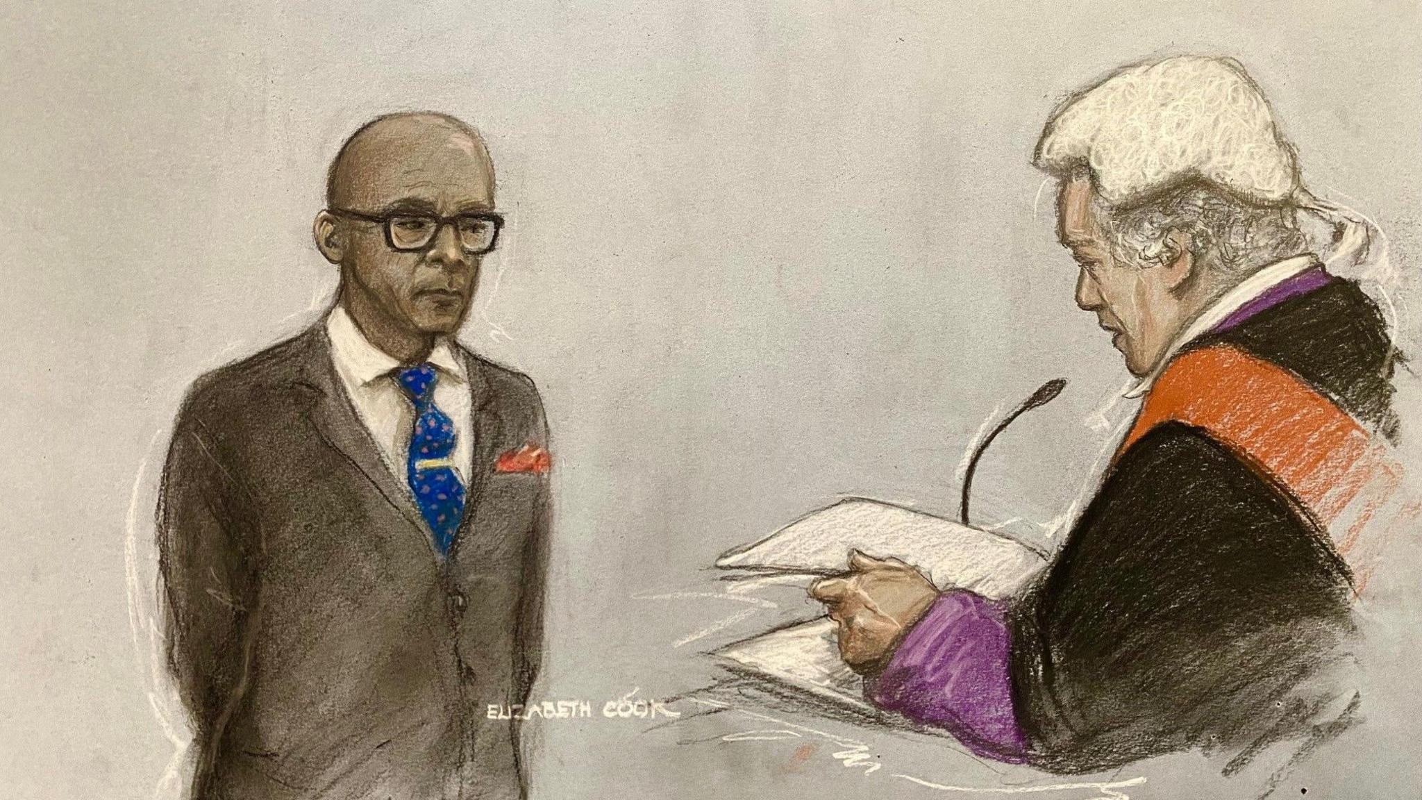 Court artist drawing of Jay Blades in a suit and tie, standing with hands behind his back, in front of Recorder of Worcester, Judge James Burbidge KC, who is wearing judge's robes and a wig, at Worcester Crown Court.