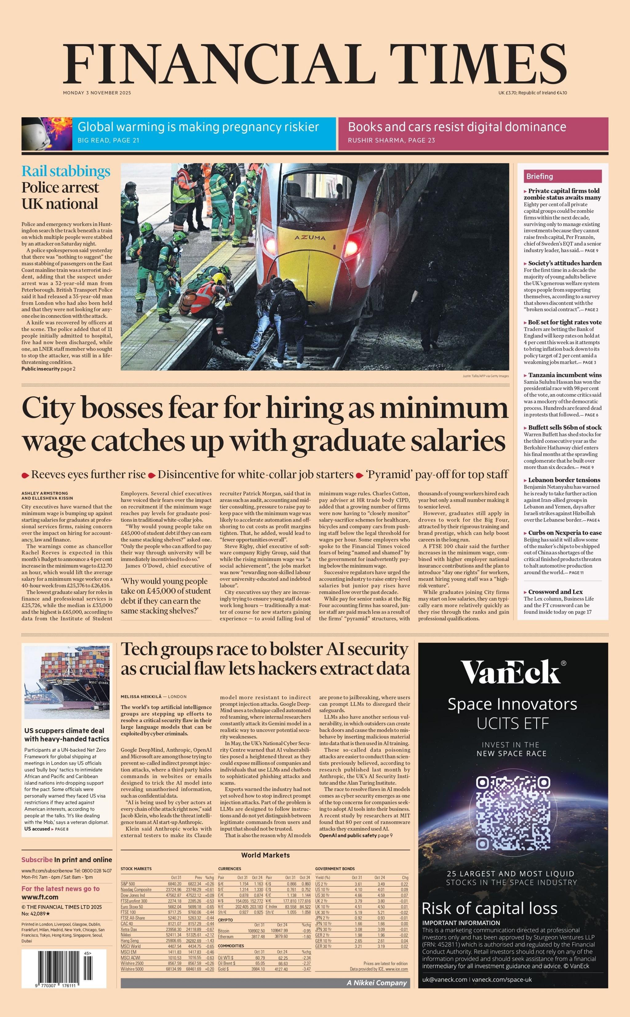 The headline on the front page of the Financial Times reads: "City bosses fear for hiring as minimum wage catches up with graduate salaries."