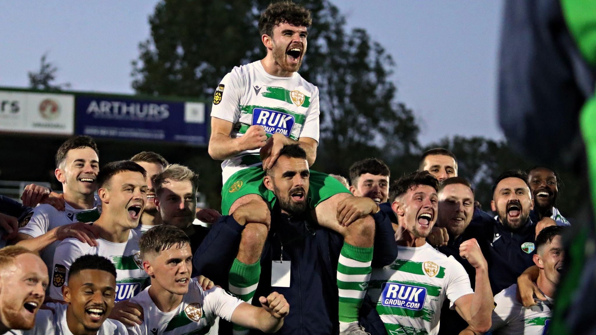 The New Saints players celebrate qualifying for the group stage of the Europa Conference League.