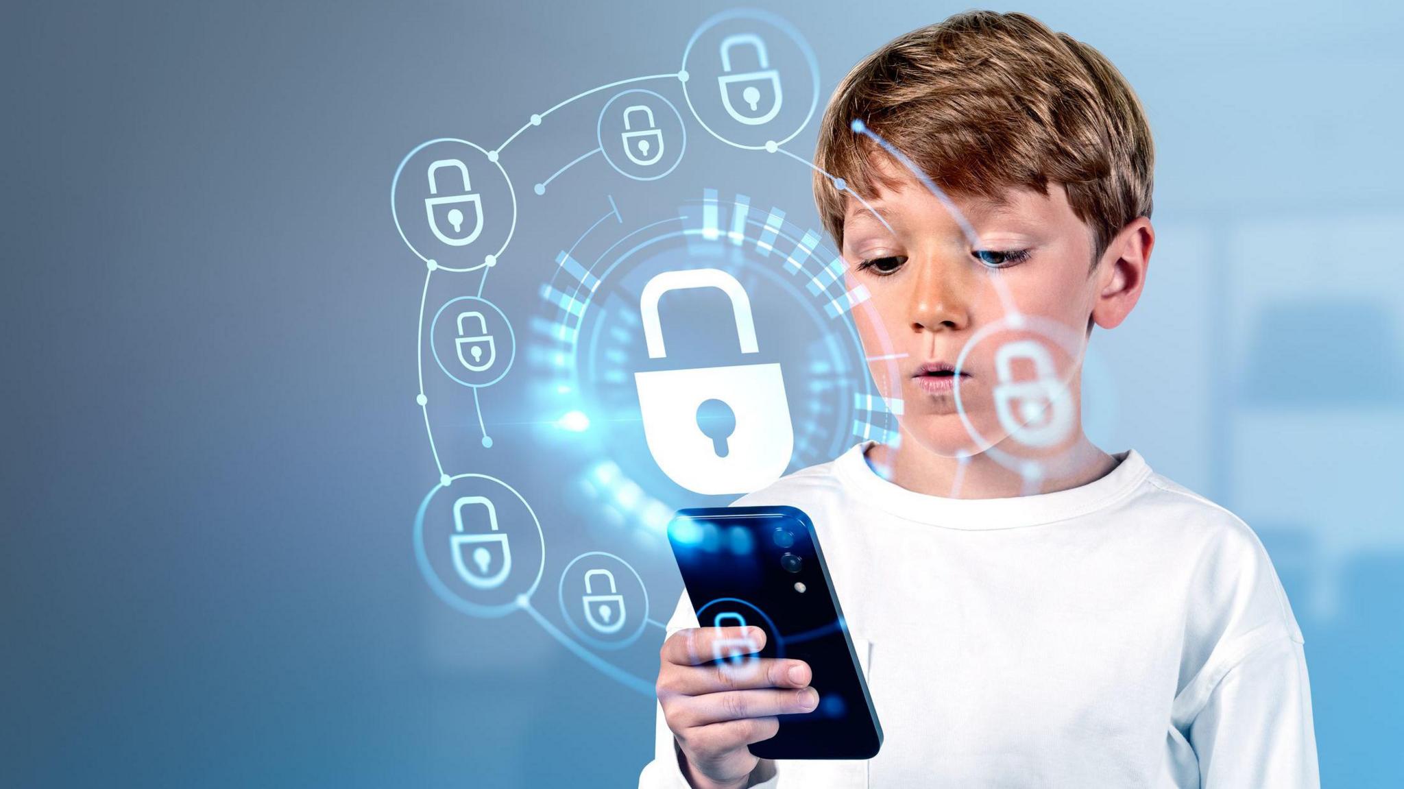 boy holding phone with floating digital security locks around it