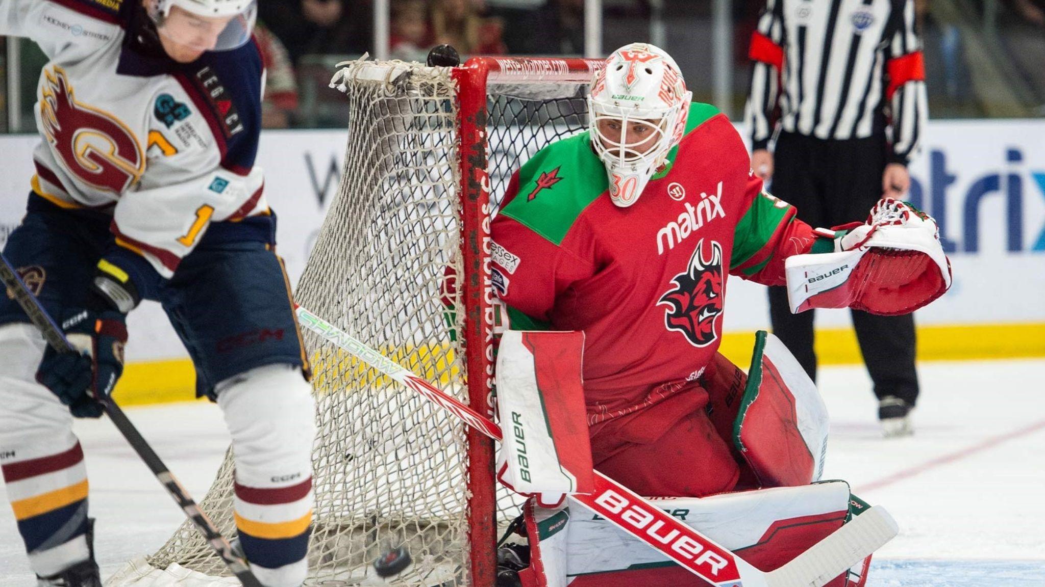 Cardiff Devils' Mac Carruth saves against Guildford