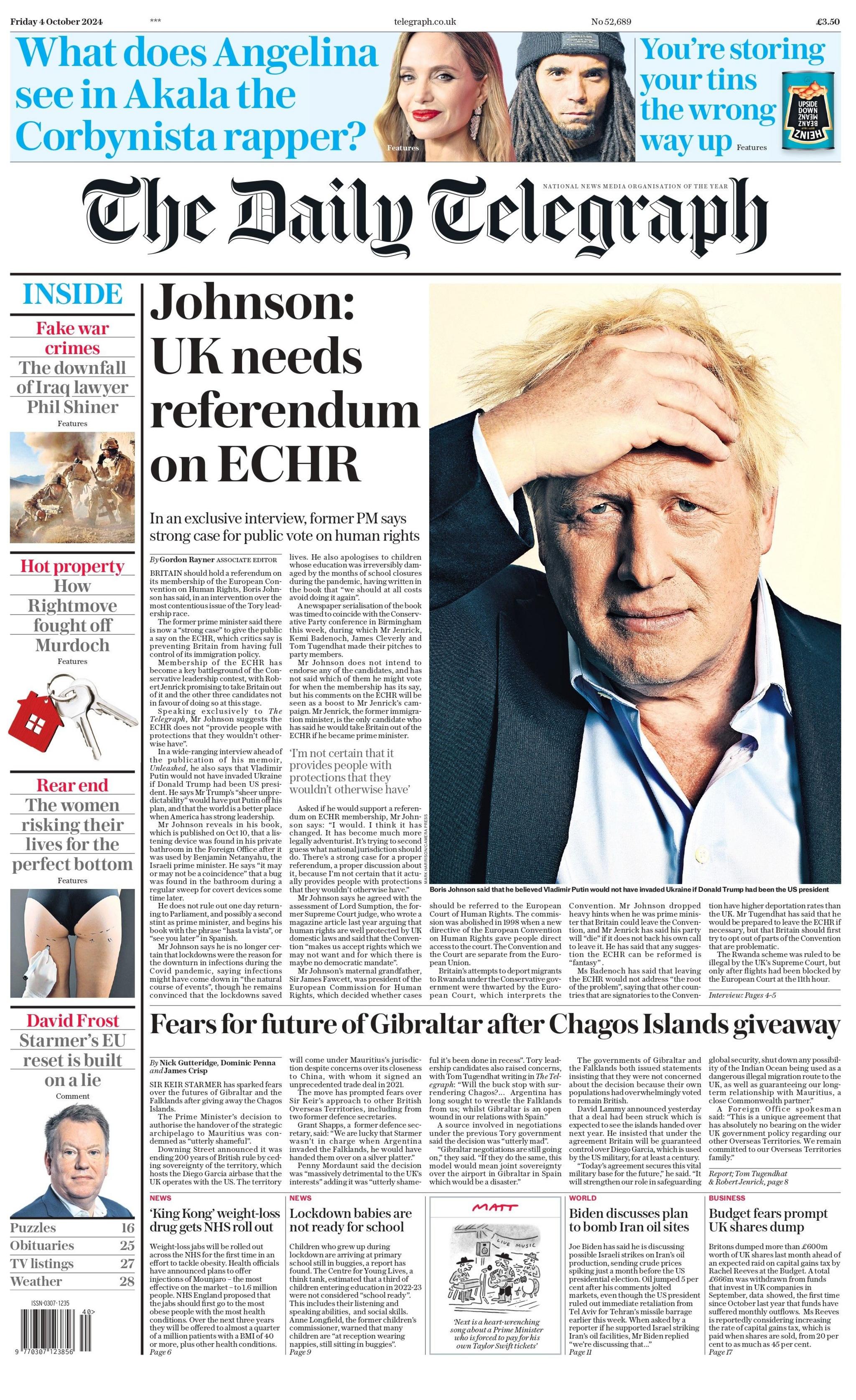 The Telegraph leads on an exclusive interview with Boris Johnson, who is quoted as saying there is a "strong case" to hold a referendum on the European Court of Human Rights. Also vying for front page space are concerns for the future of Gibraltar, after the UK said it would hand sovereignty of the Chagos Islands to Mauritius after a decades-long dispute.