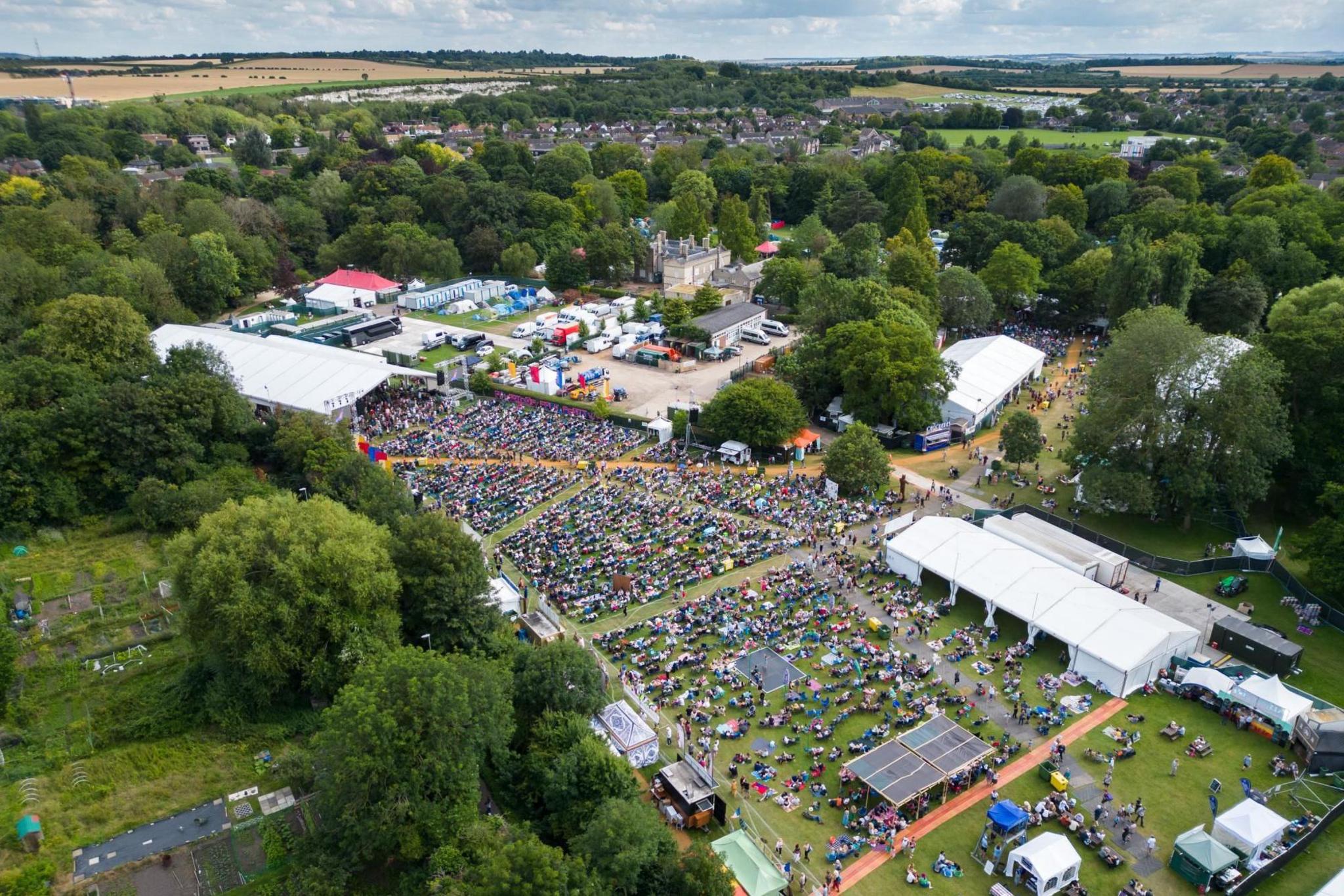 Aerial view of the Cambridge Folk Festival