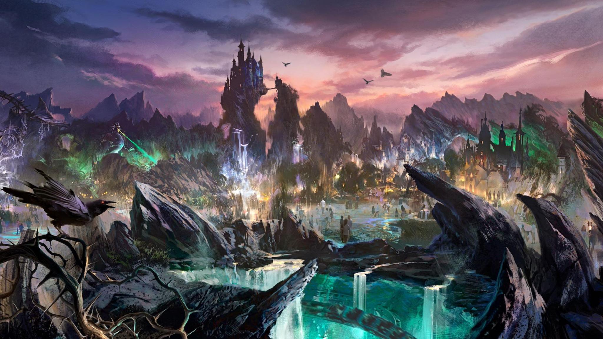 An artists impression of a dark and sinister-looking area set to be built at Magic Kingdom in Florida. Scary-looking birds are seen observing the new land. There are dark colours and flashes of green and purple light. At the centre there is a large tower overlooking the area.