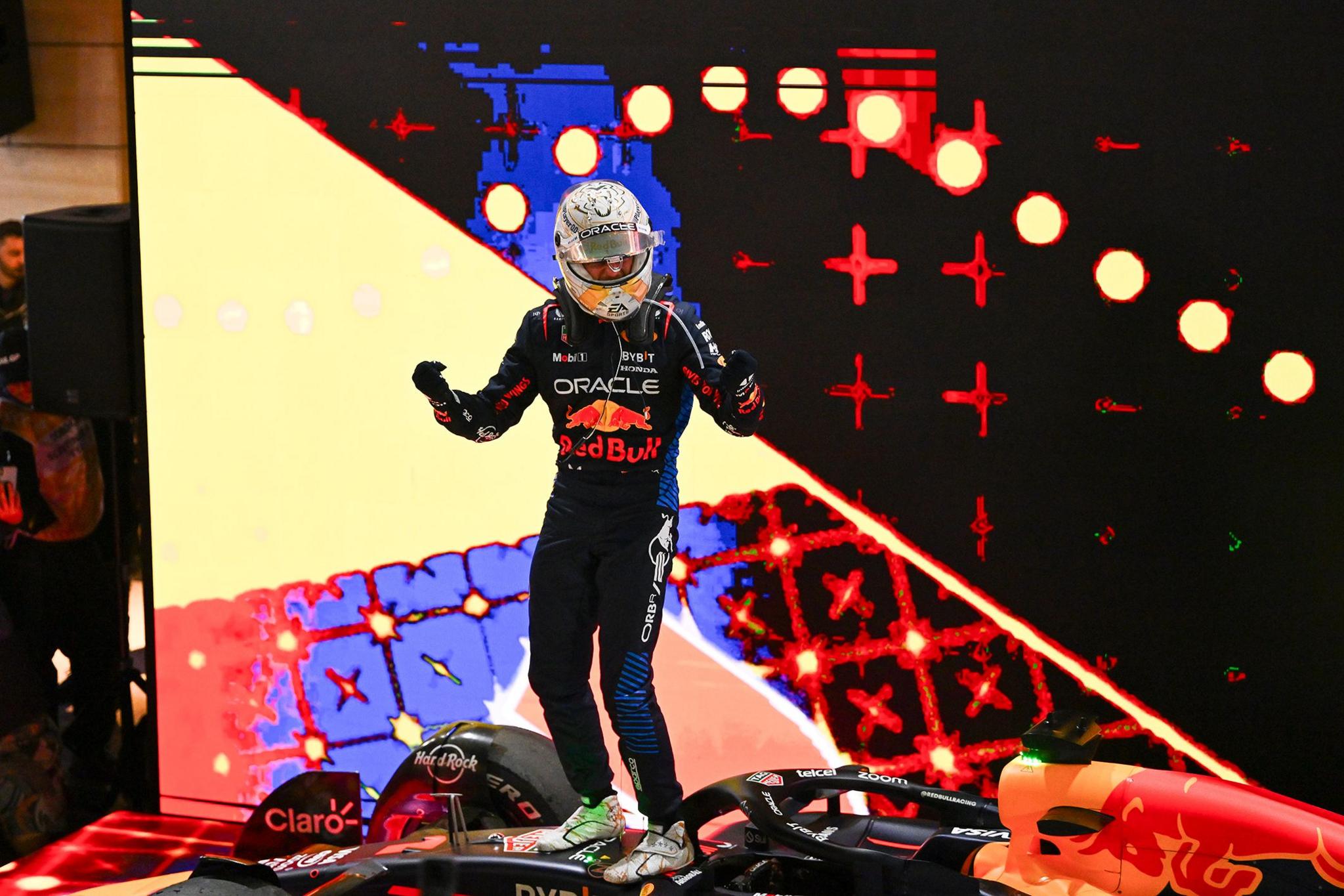 Race winner Max Verstappen of the Netherlands and Oracle Red Bull Racing celebrates in parc ferme during the F1 Grand Prix of Qatar.