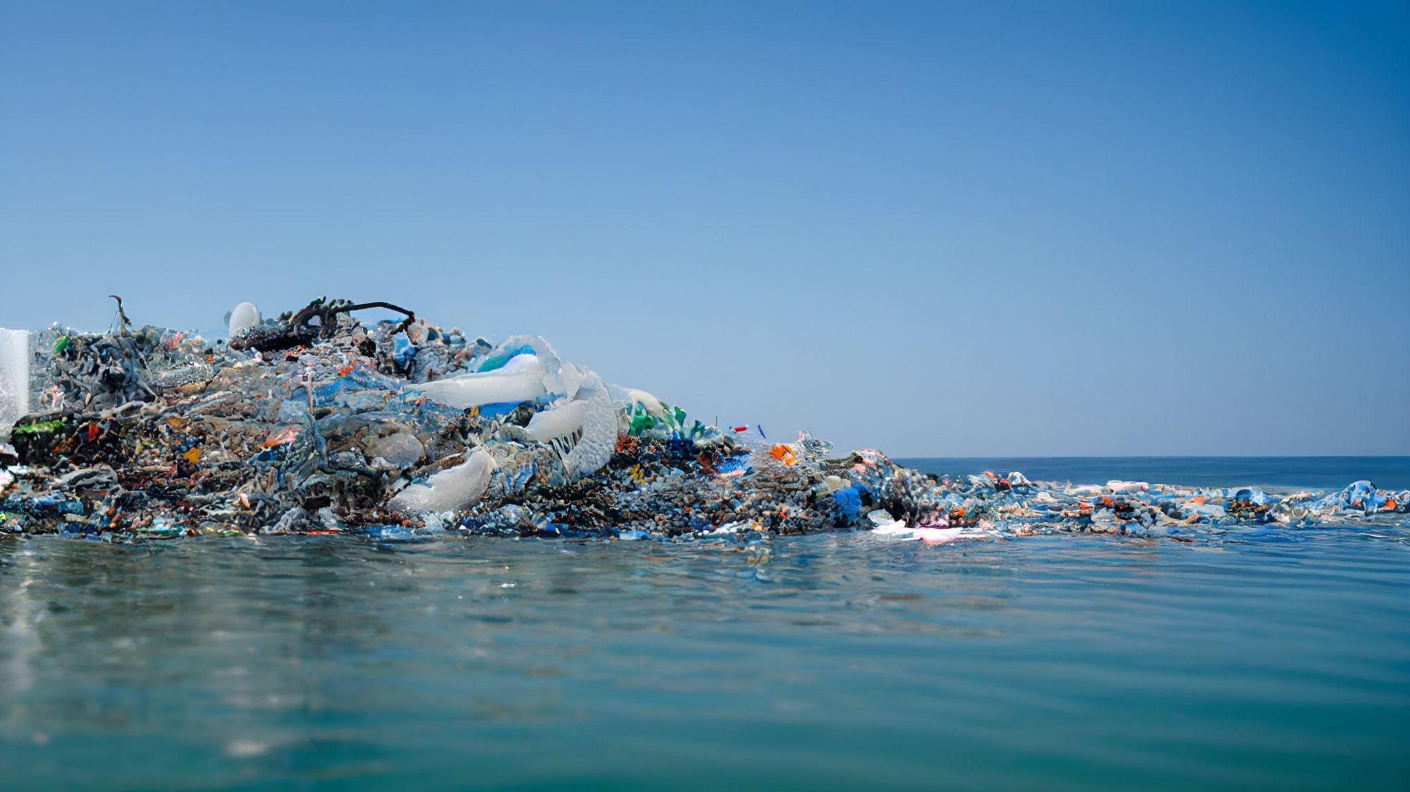 Plastic pollution floating in the sea.