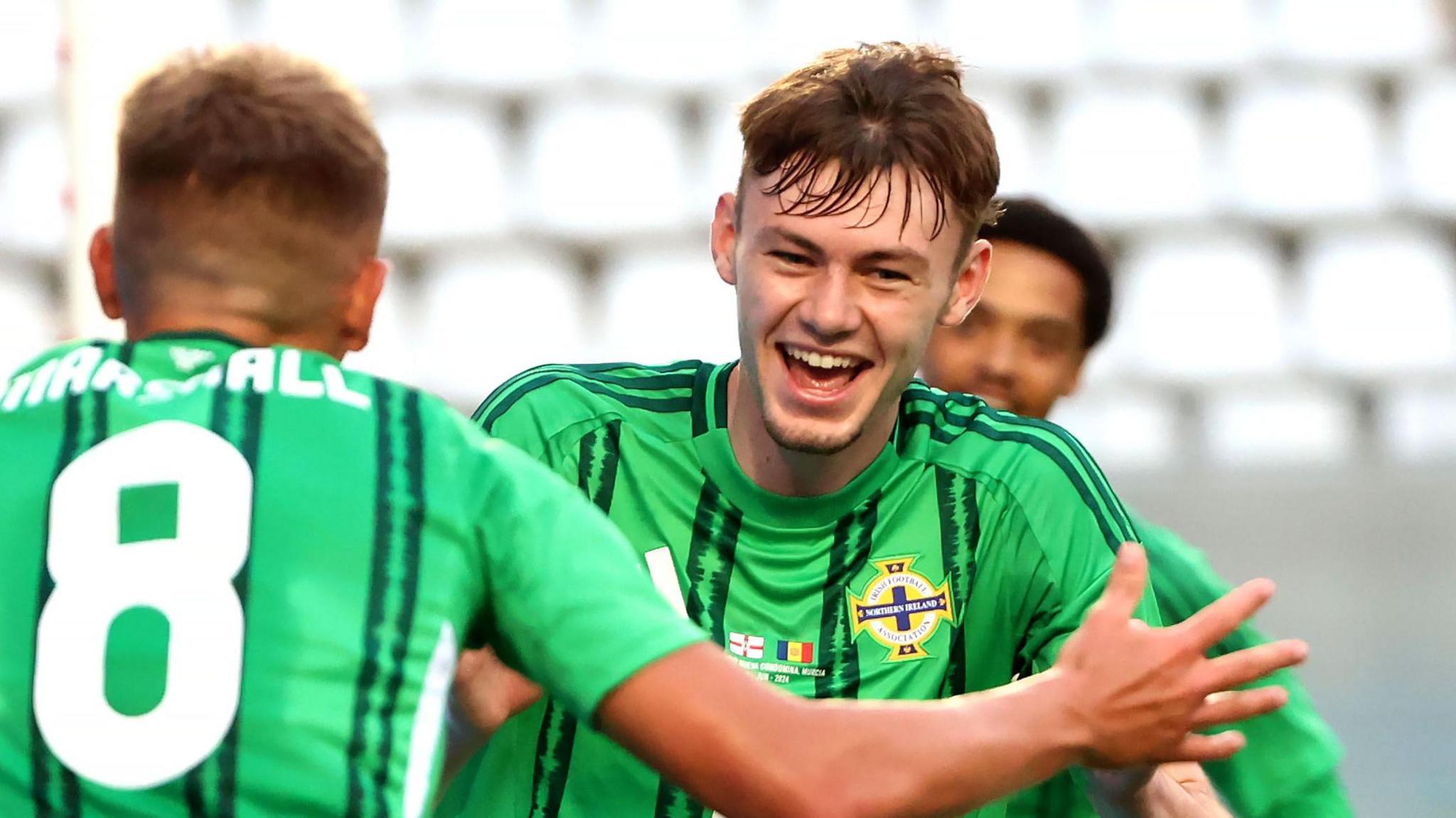 Conor Bradley celebrates one of his two goals in the 2-0 friendly win over Andorra