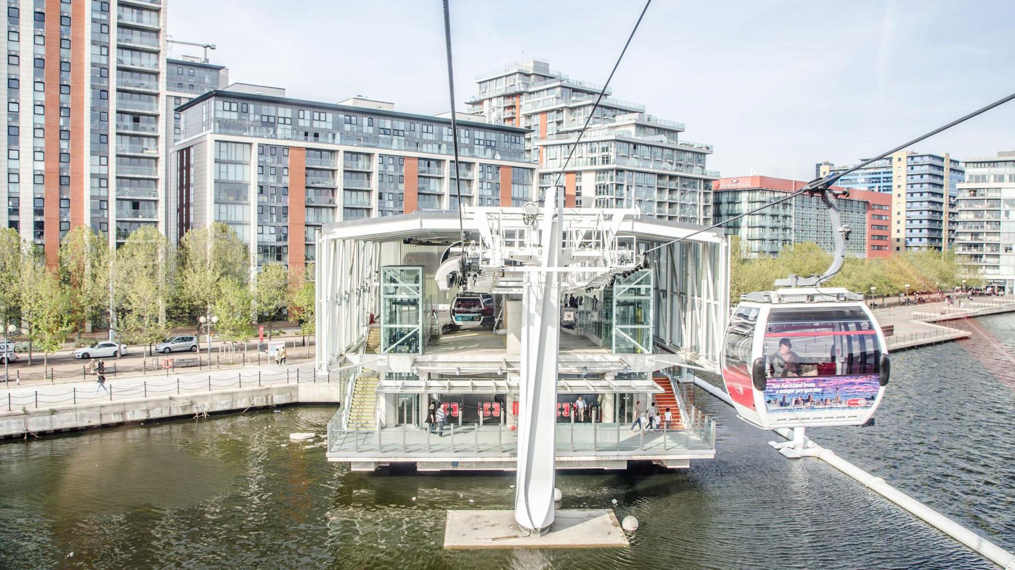View of Emirates Greenwich peninsula cable car during the day 