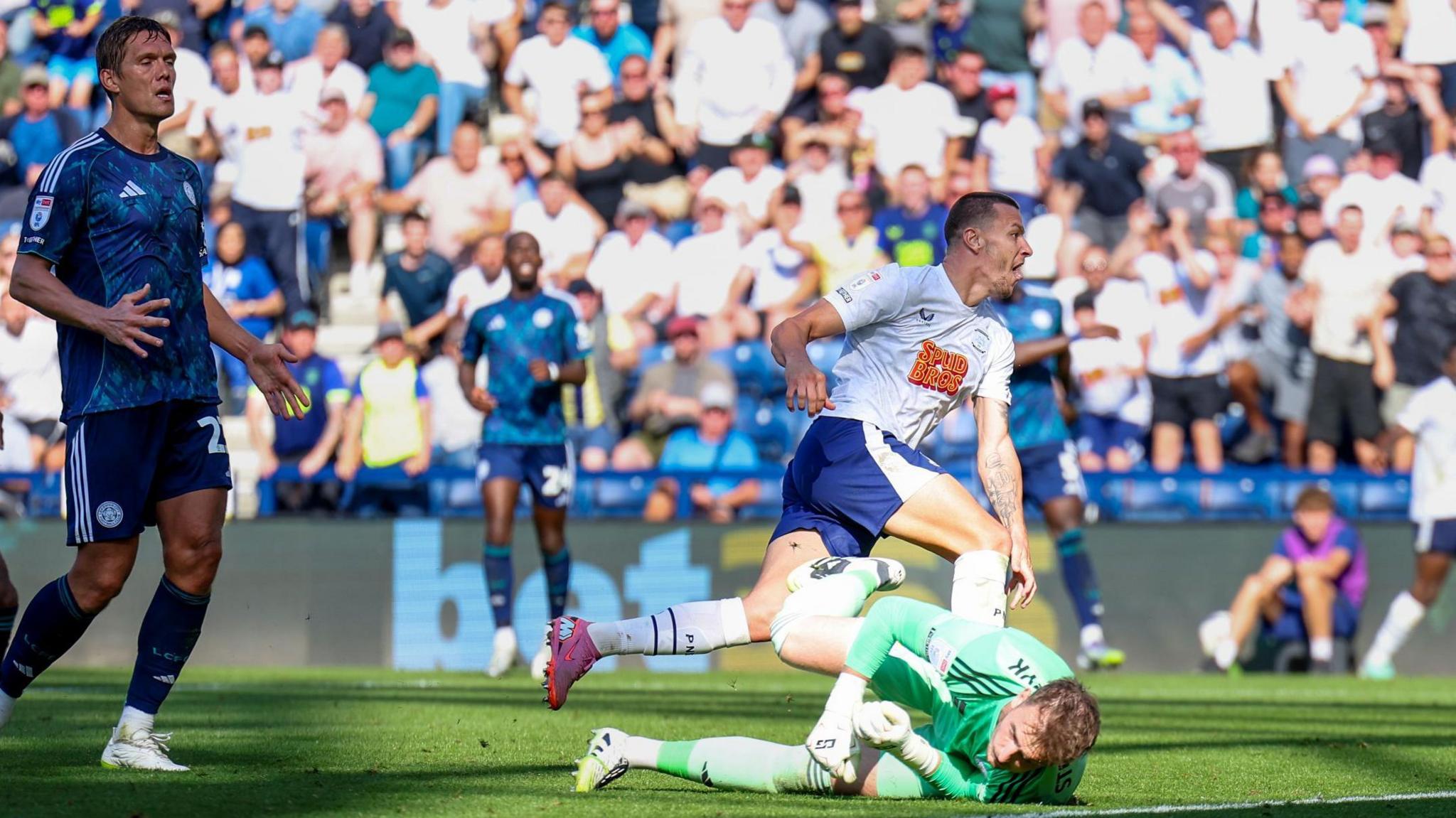 Preston's Milutin Osmajic celebrates scoring against Leicester City.