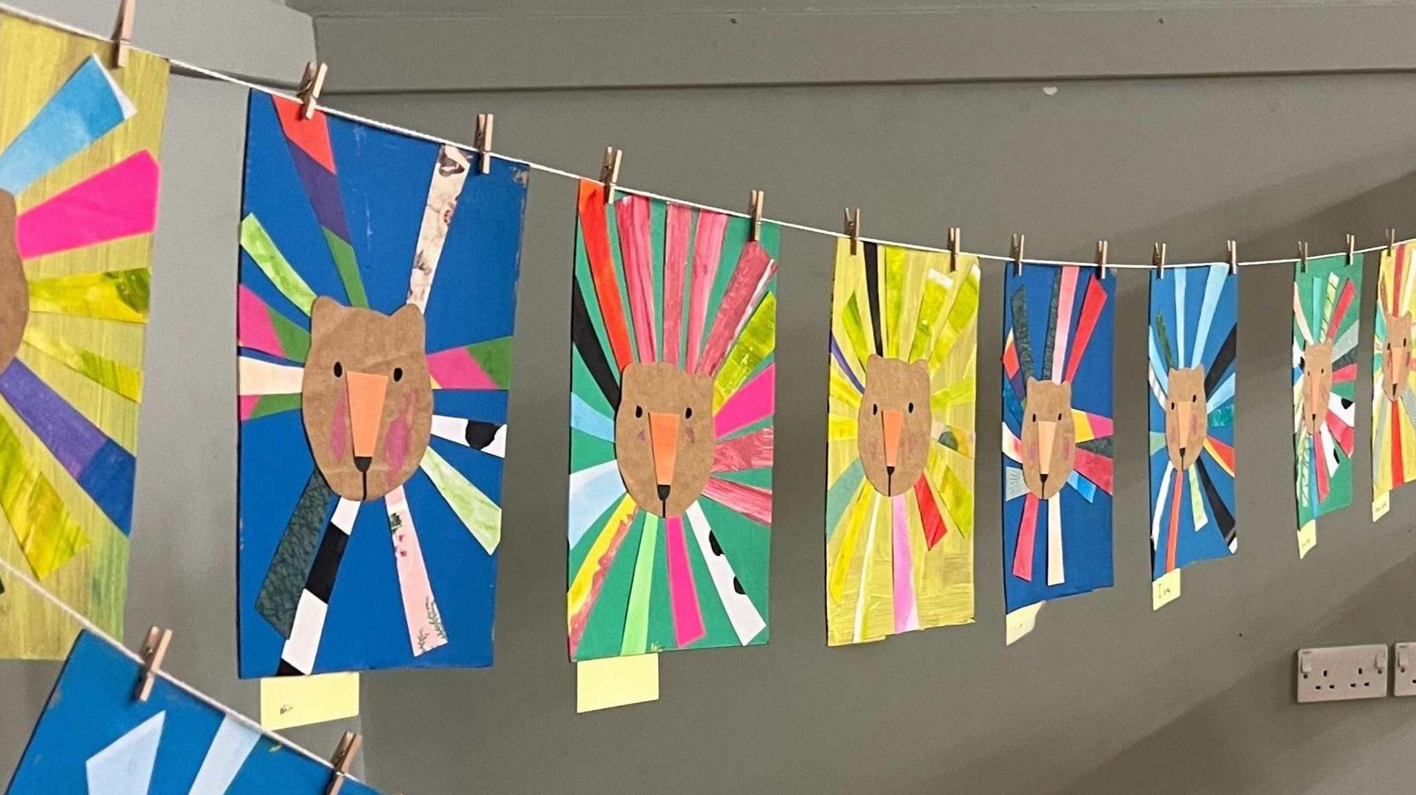 A range of art designs featuring the face of a brown surrounded by a kaleidoscope of different colours.