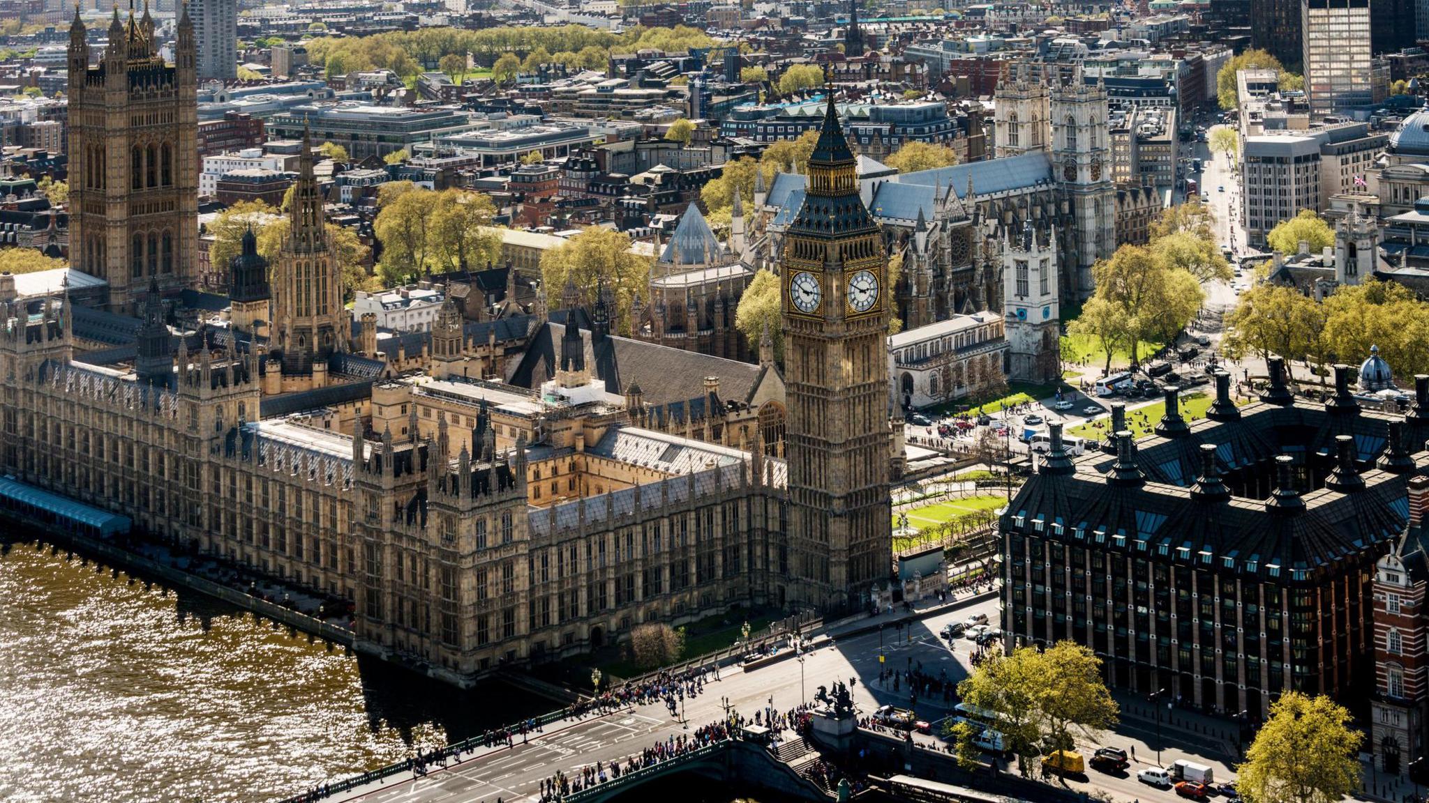 An elevated view of the Palace of Westminster and the wider borough. 