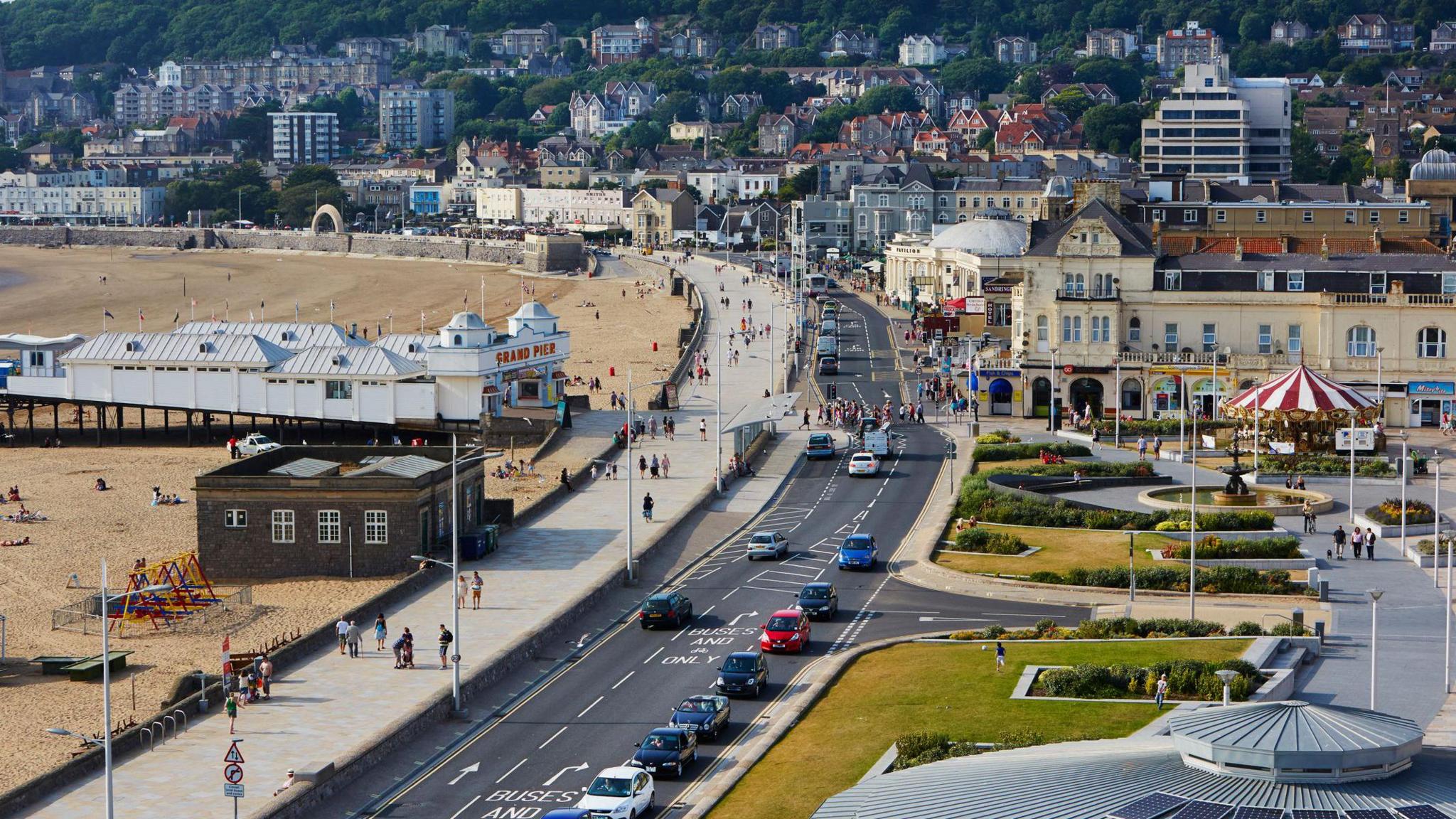 View of the Weston-super-Mare beach front from above. The Grand Pier is to the left and the pavillion on the bottom right.