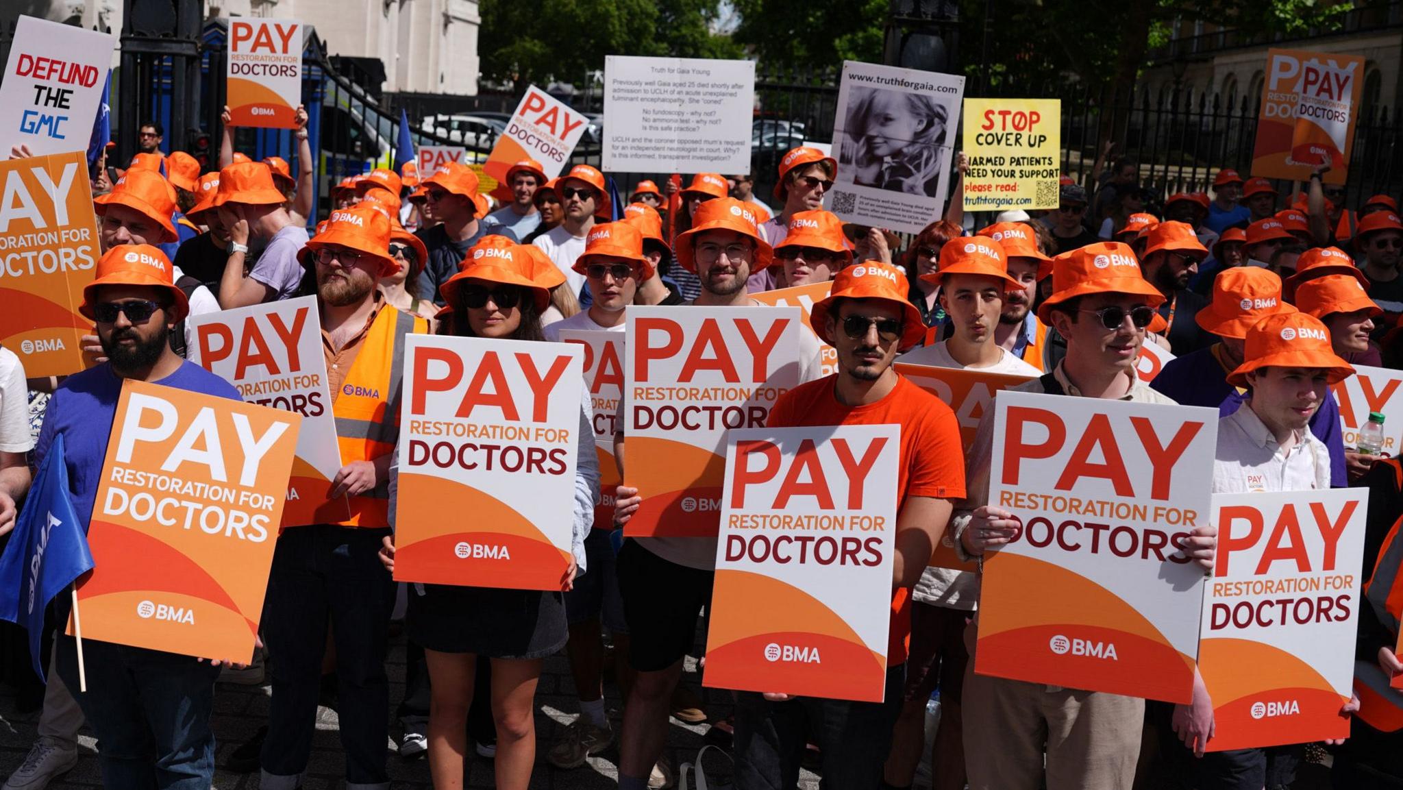 Junior doctors protesting opposite Downing Street, London.