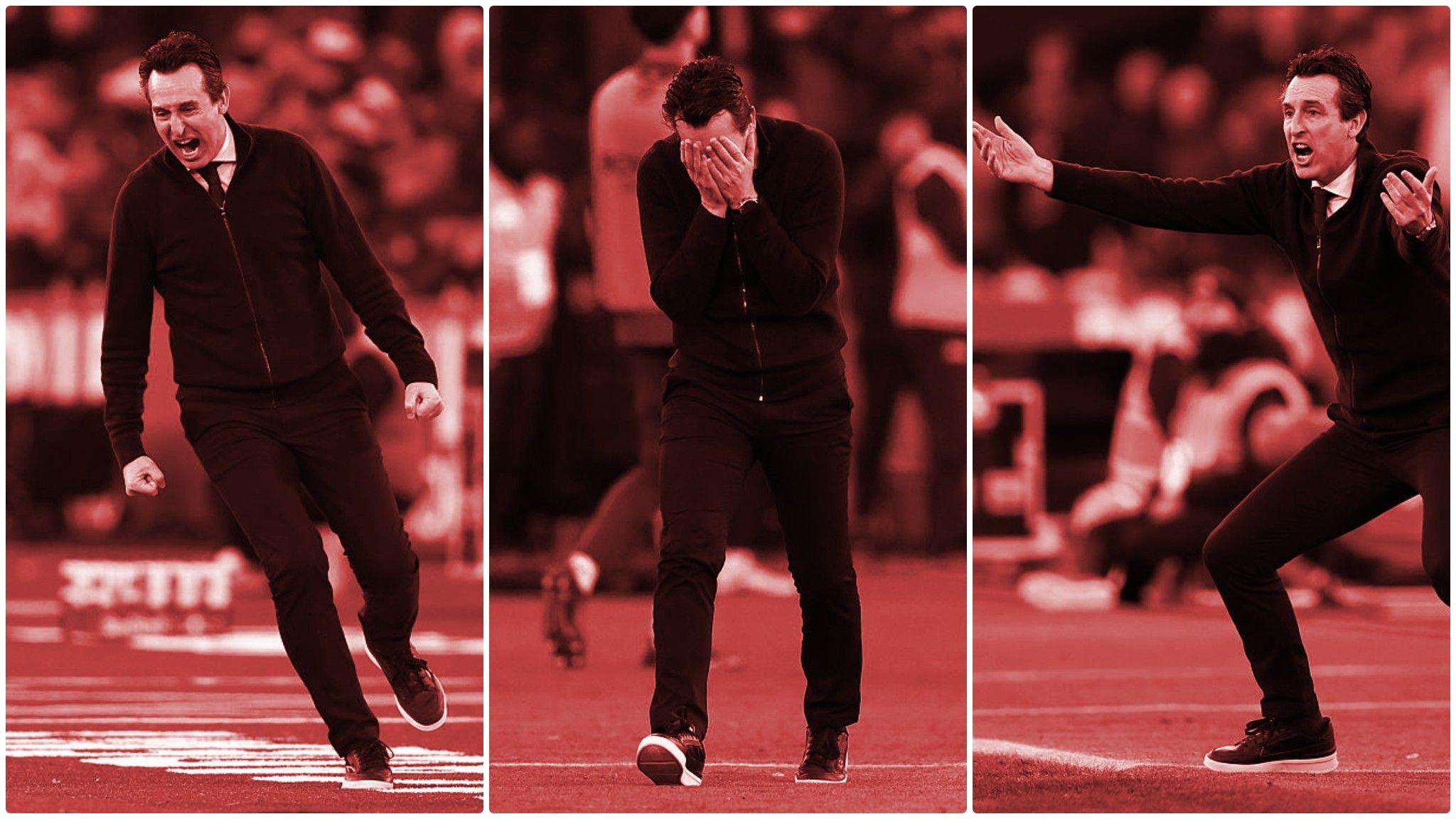 Unai Emery in three states. Celebrating, despairing with his head in hands and then instructing in image three