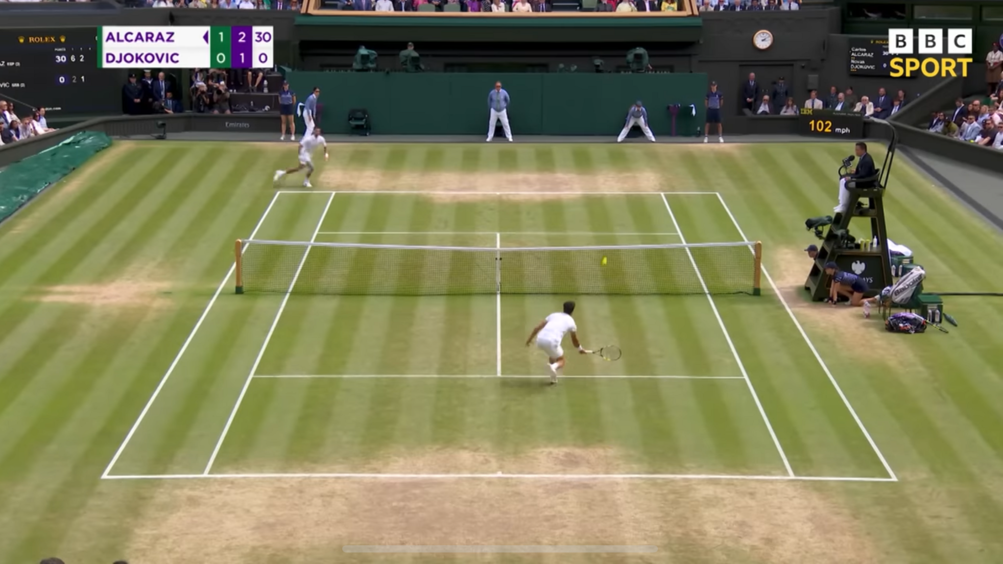 Alcaraz volleying at the net in the 2024 Wimbledon final