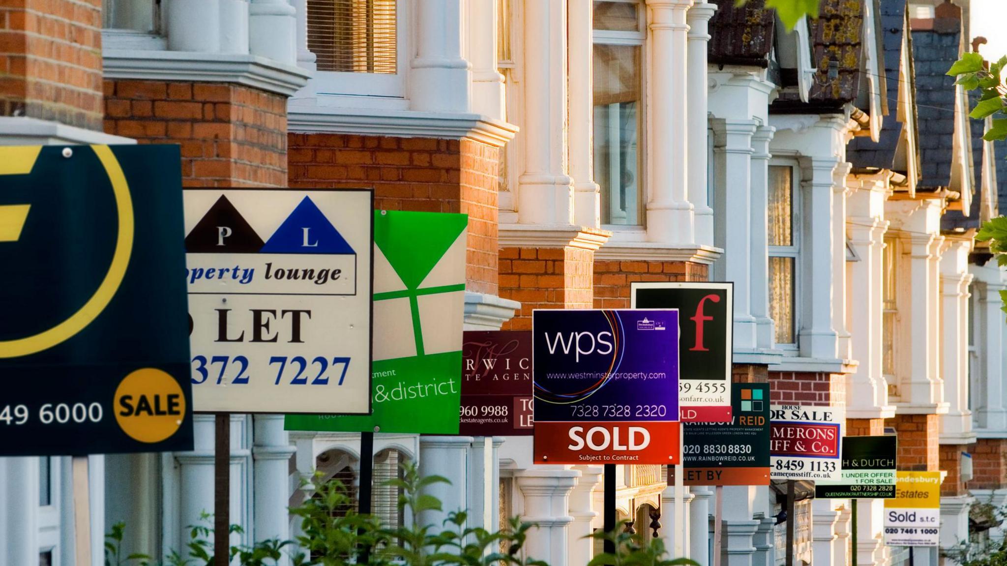 Lots of for sale and lettings signs on a street of terraced houses.