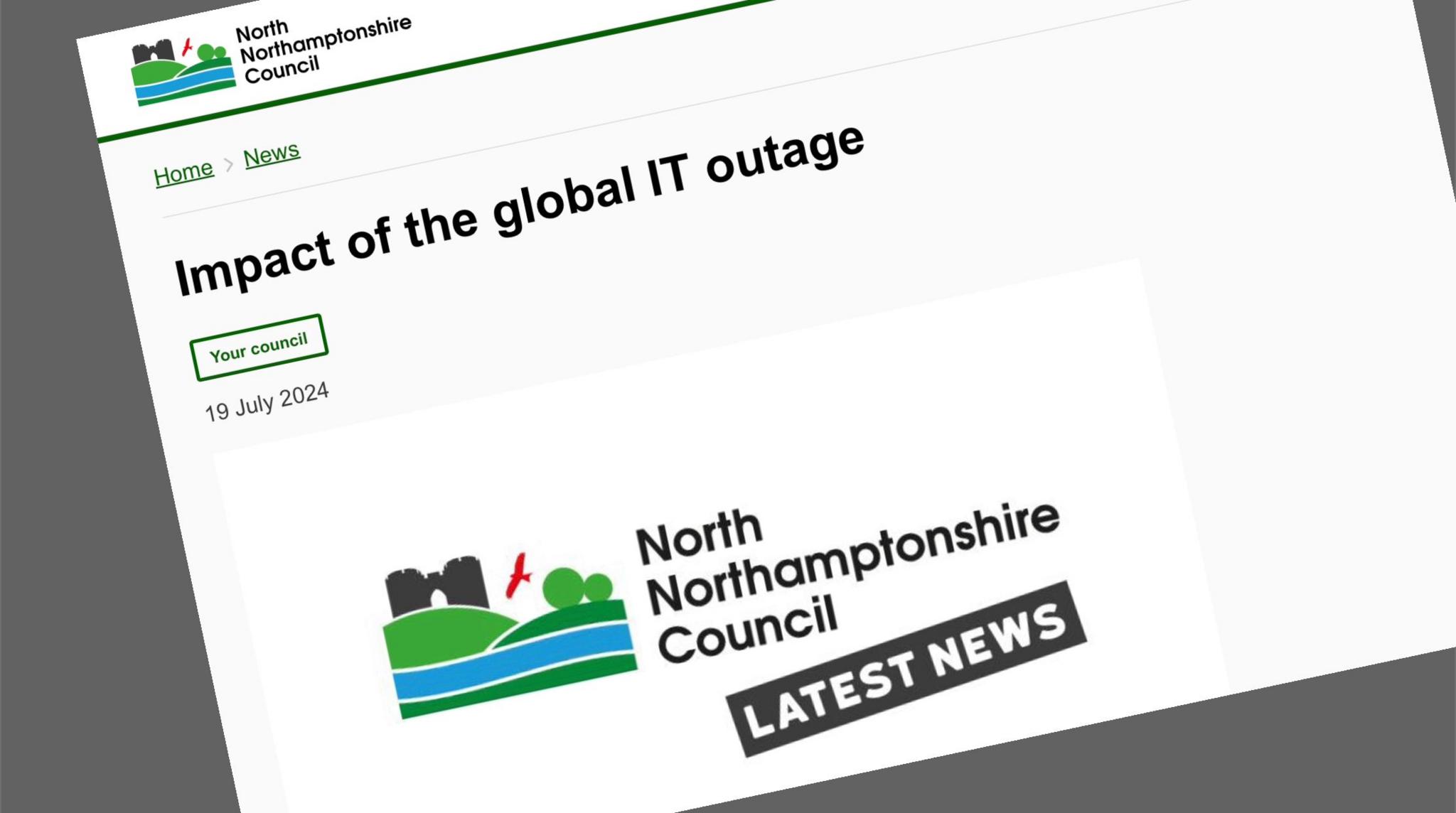 Screengrab of council website with message "impact of the global IT outage"